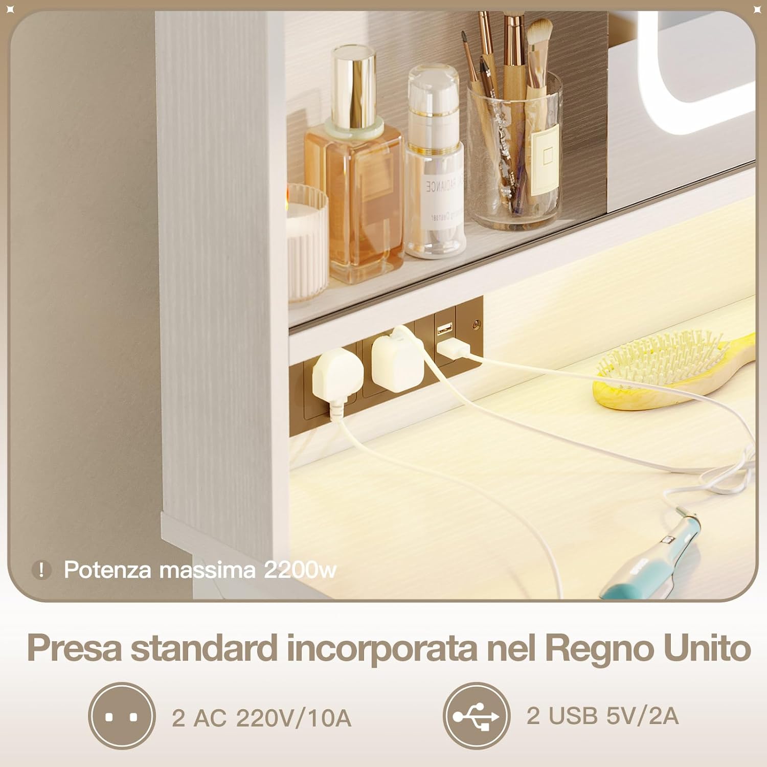 Detalle de ODK Tavolo da toeletta con specchio LED mobile (5) – 8 cassetti, USB, barra RGB, bianco, 110 × 40 × 137 cm