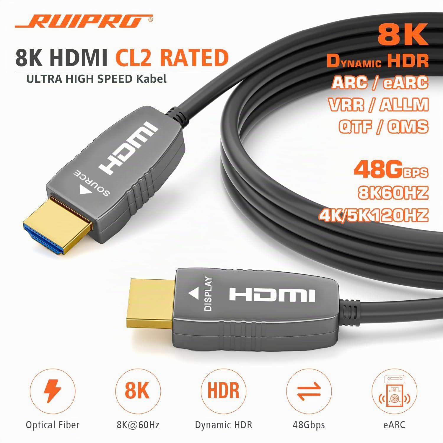 Detalle 2 de RUIPRO 8K HDMI Glasfaserkabel 15 m – HDMI 2.1, 48 Gbit/s, 8K@60Hz/4K@120Hz, eARC, HDCP 2.2/2.3