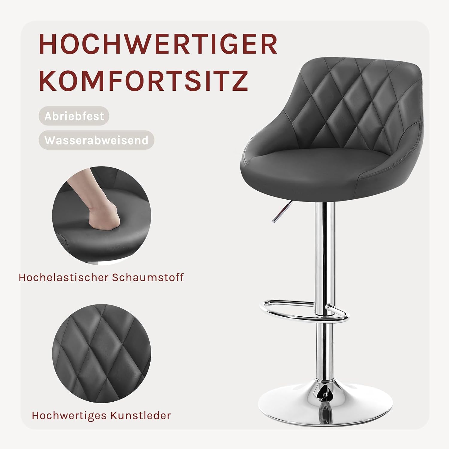 Detalle de WOLTU Barhocker-Set (2er) mit Rückenlehne, höhenverstellbar & drehbar – gepolsterter Kunstledersitz in Grau