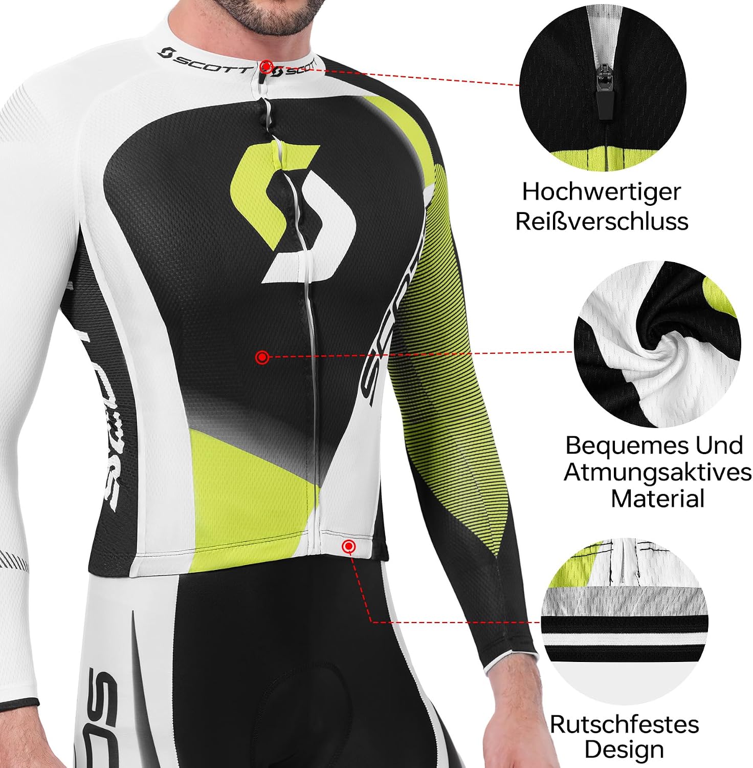 Detalle de Tedila Langarm-Radtrikot Herren Set mit 5D gepolsterten Trägerhosen für Rennrad – Frühling/Herbst