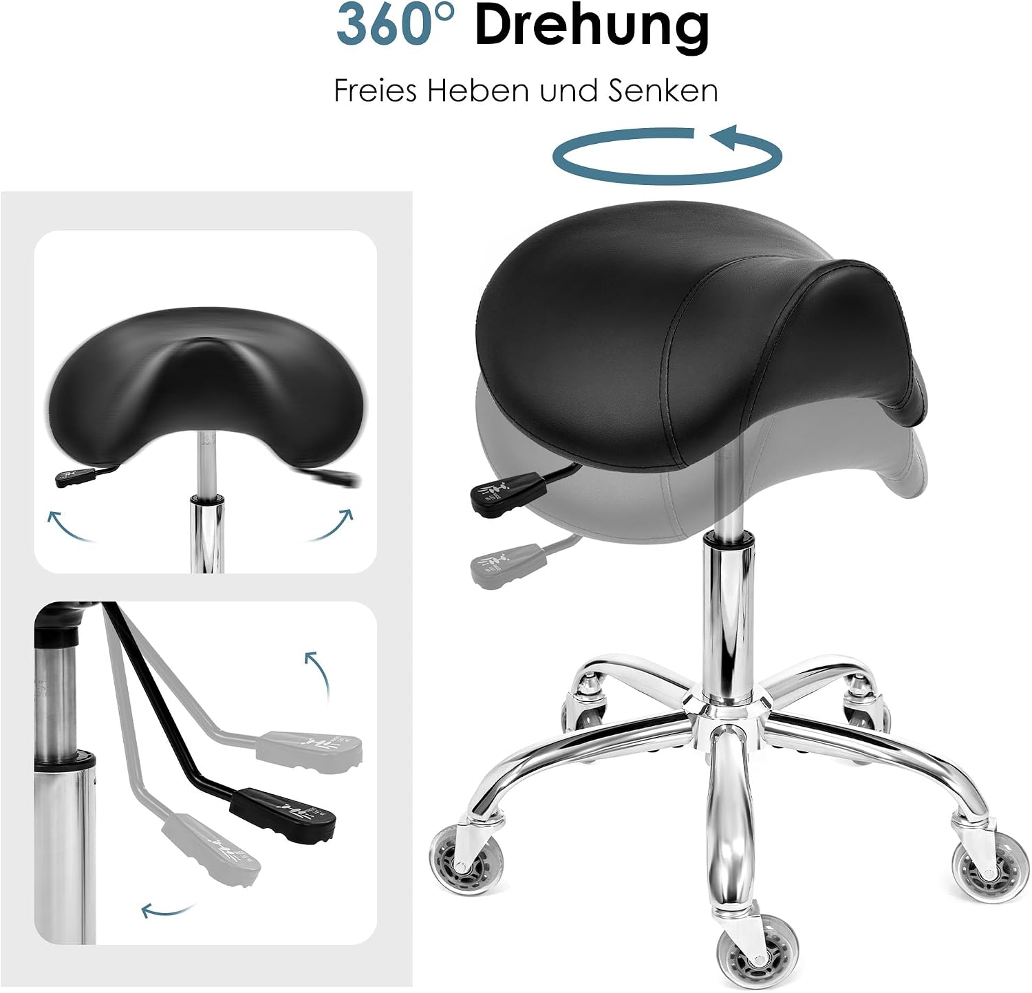 Thumbnail 6 de BEWISHOME Sattelhocker mit Rollen – schwenkbar, höhenverstellbar, PU-Leder (Schwarz)