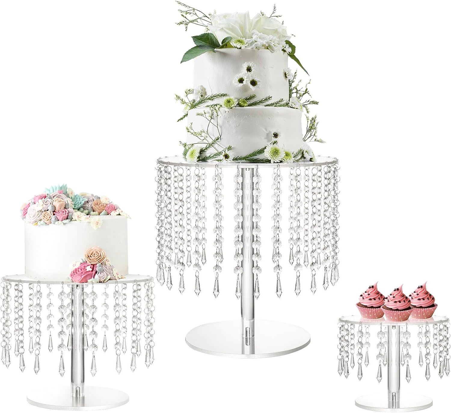 LANLONG Crystal Cake Stand Set (3 pcs) – Clear Acrylic Round Cake & Cupcake Stands for Weddings, Birthdays & Parties