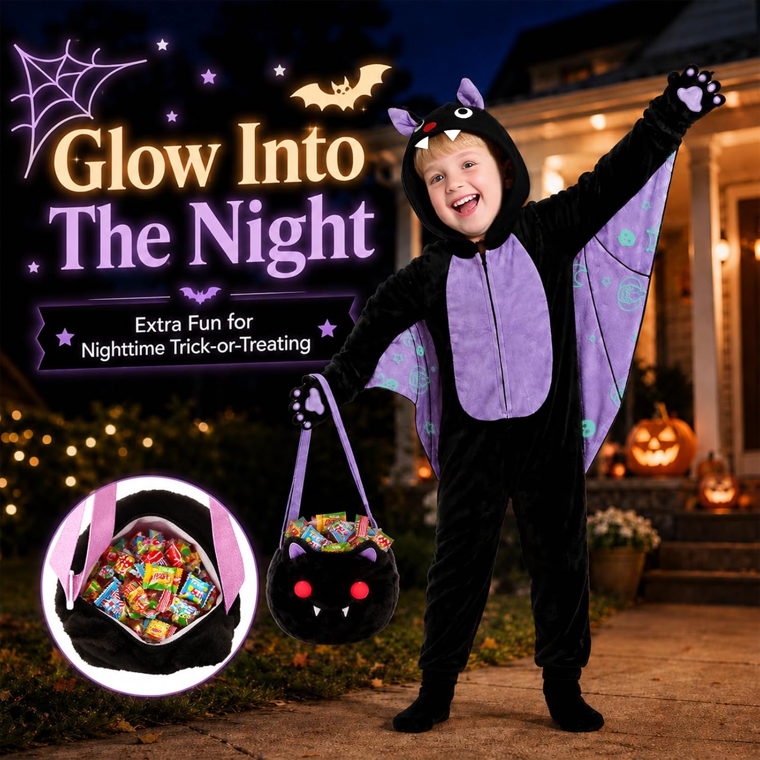 Detalle 2 de Learn2M Kids Bat Costume, Purple Flannel Onesie with Wings and Matching Bag