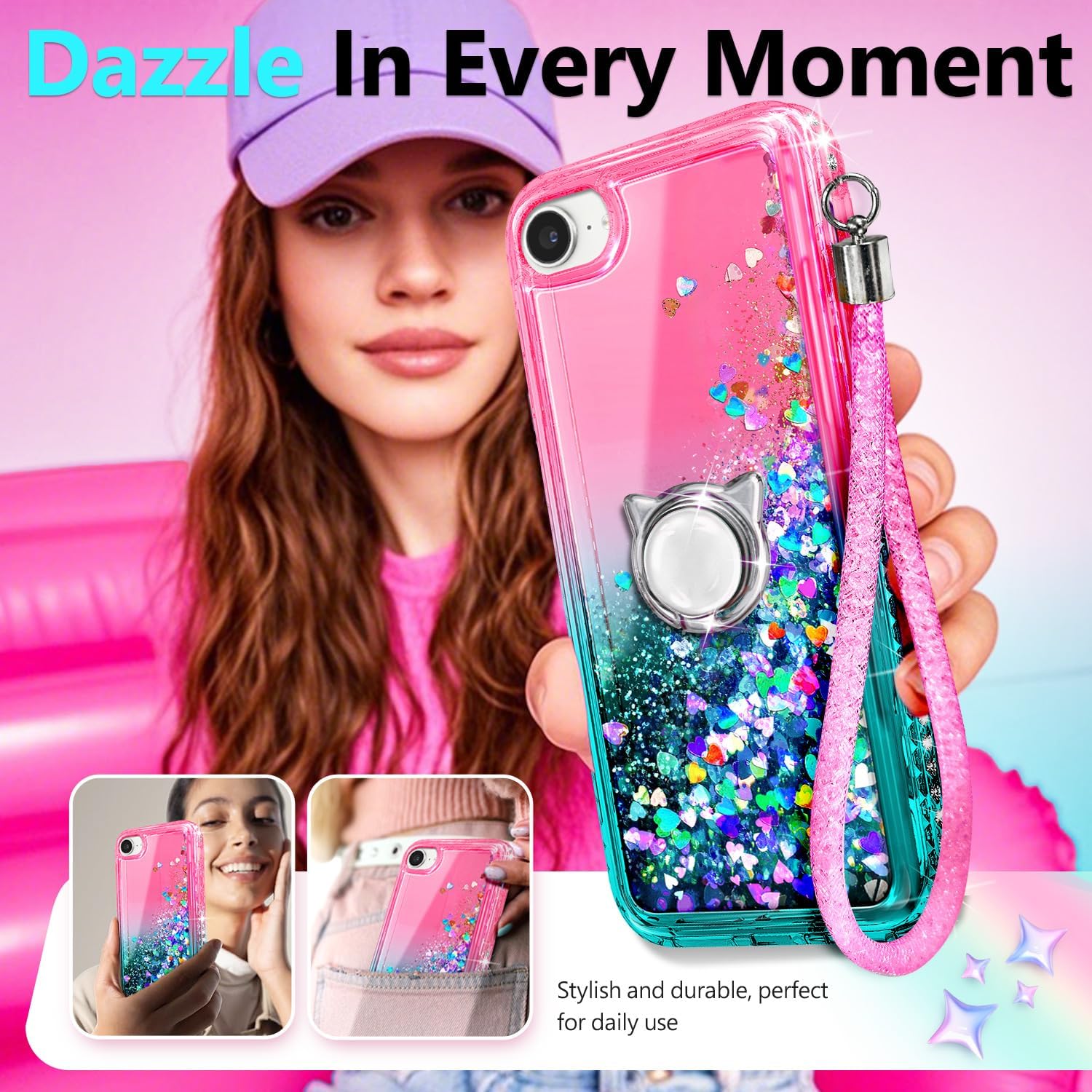 Thumbnail 6 de NGB Glitter Liquid Case for iPhone SE (3rd/2nd Gen) & iPhone 8/7/6/6S – Pink/Aqua with Tempered Glass, Ring Holder & Lanyard