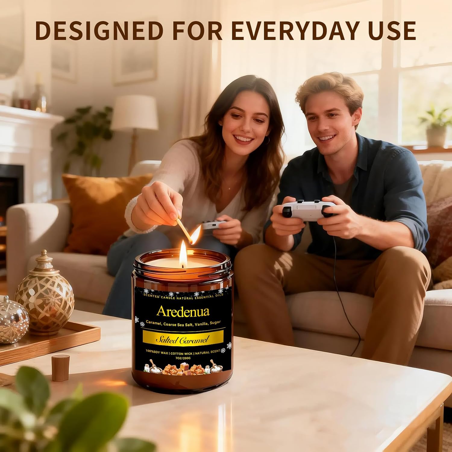 Detalle de Salted Caramel Candle | Odor Eliminating Soy Candle, 7oz, Up to 50 Hours Burn Time