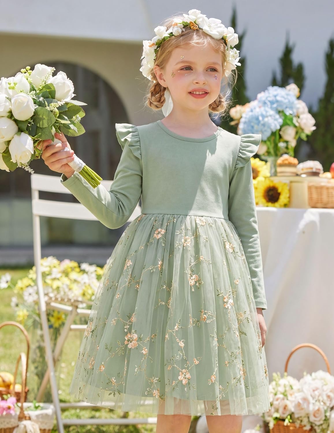 Detalle 1 de Arshiner Toddler Girls’ Long-Sleeve Tulle Dress, Ruffle Sleeves, Sequin Hem, 2–6Y