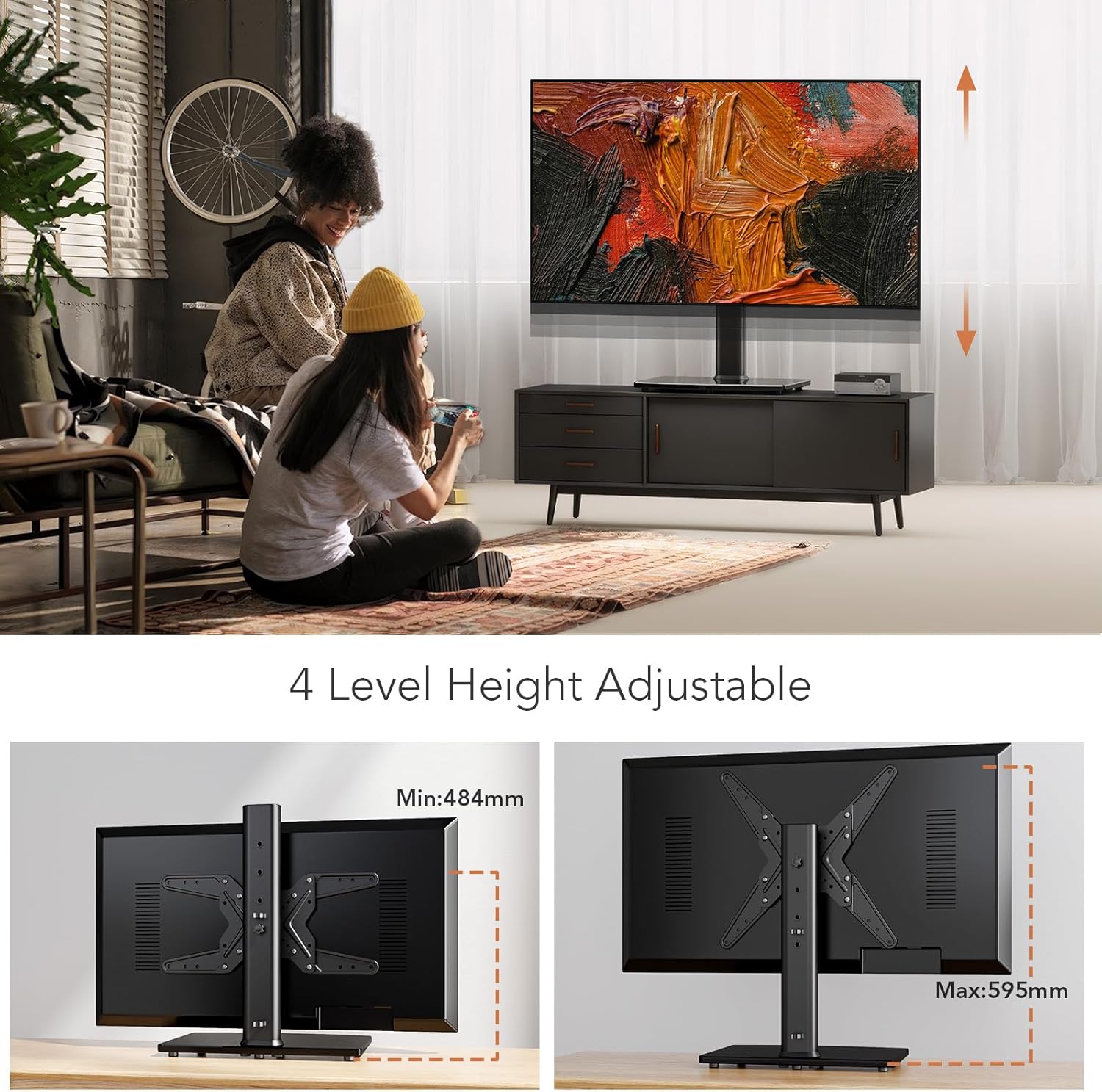 Detalle 2 de Universal Schwenk TV Ständer/Fuß – Tischstandfuß für 21–43 Zoll TVs (bis 45 kg) mit 90° Schwenk, 4-stufiger Höhenverstellung und Glasboden