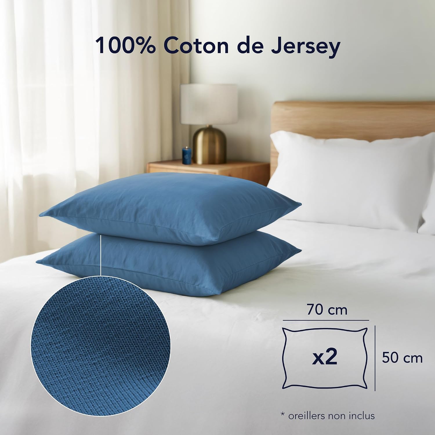 Thumbnail 1 de Taie Oreiller Dreamzie 50 x 70 cm en coton Jersey 150 GSM — Lot de 2, Bleu