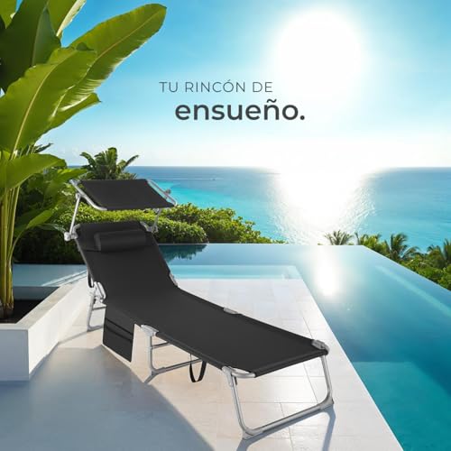 Thumbnail 1 de tectake Tumbona de jardín exterior plegable de acero con reposacabezas, parasol y 6 posiciones (negra)