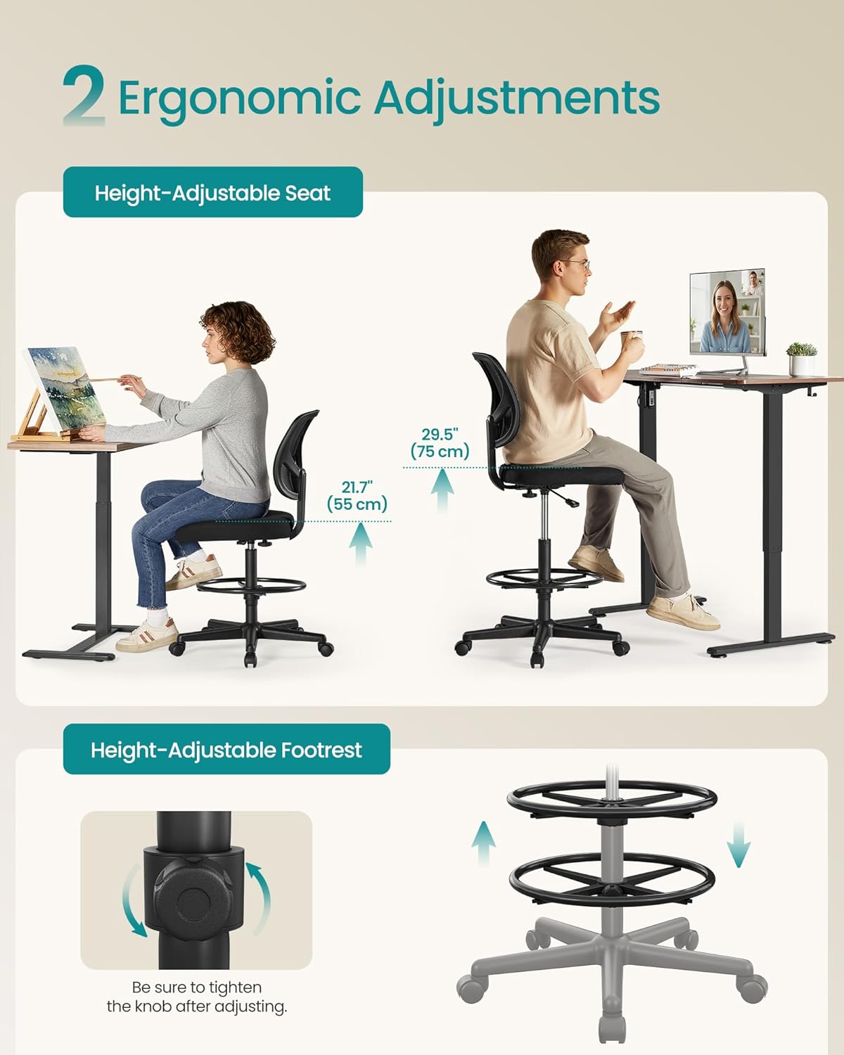 Detalle 2 de Drafting stool chair with height 55 to 75 cm