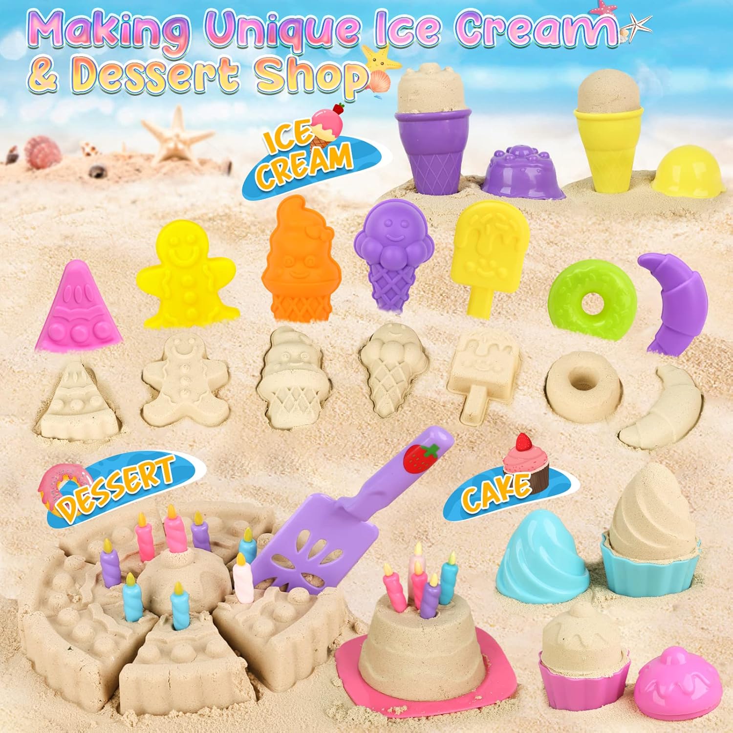 Thumbnail 1 de Joyreal 46-piece Ice Cream Beach Toys set with collapsible bucket, spade and sand pit tools