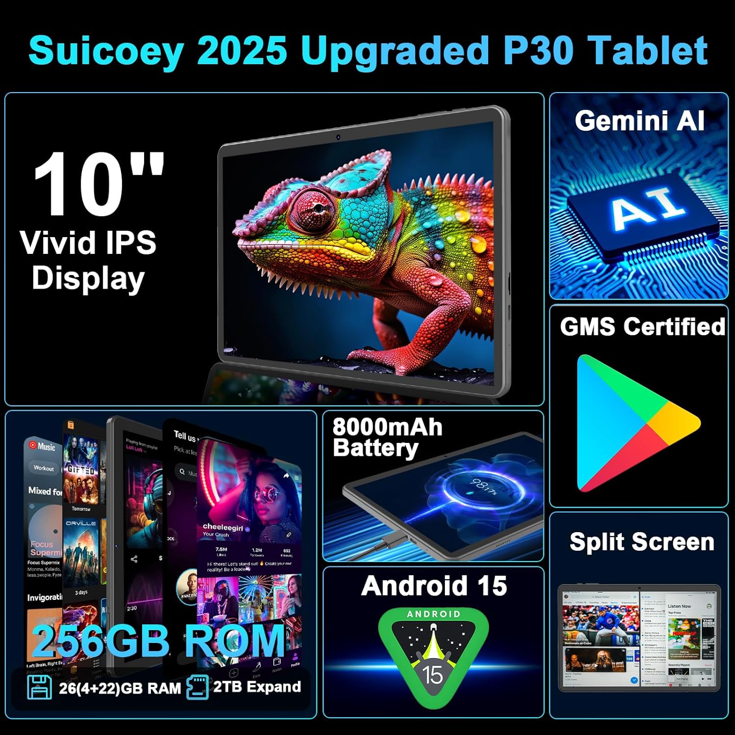 Detalle de Suicoey 2026 Tablet with Keyboard: 10-inch Android 15 Power, Gemini AI, 26GB+256GB, Expandable to 2TB