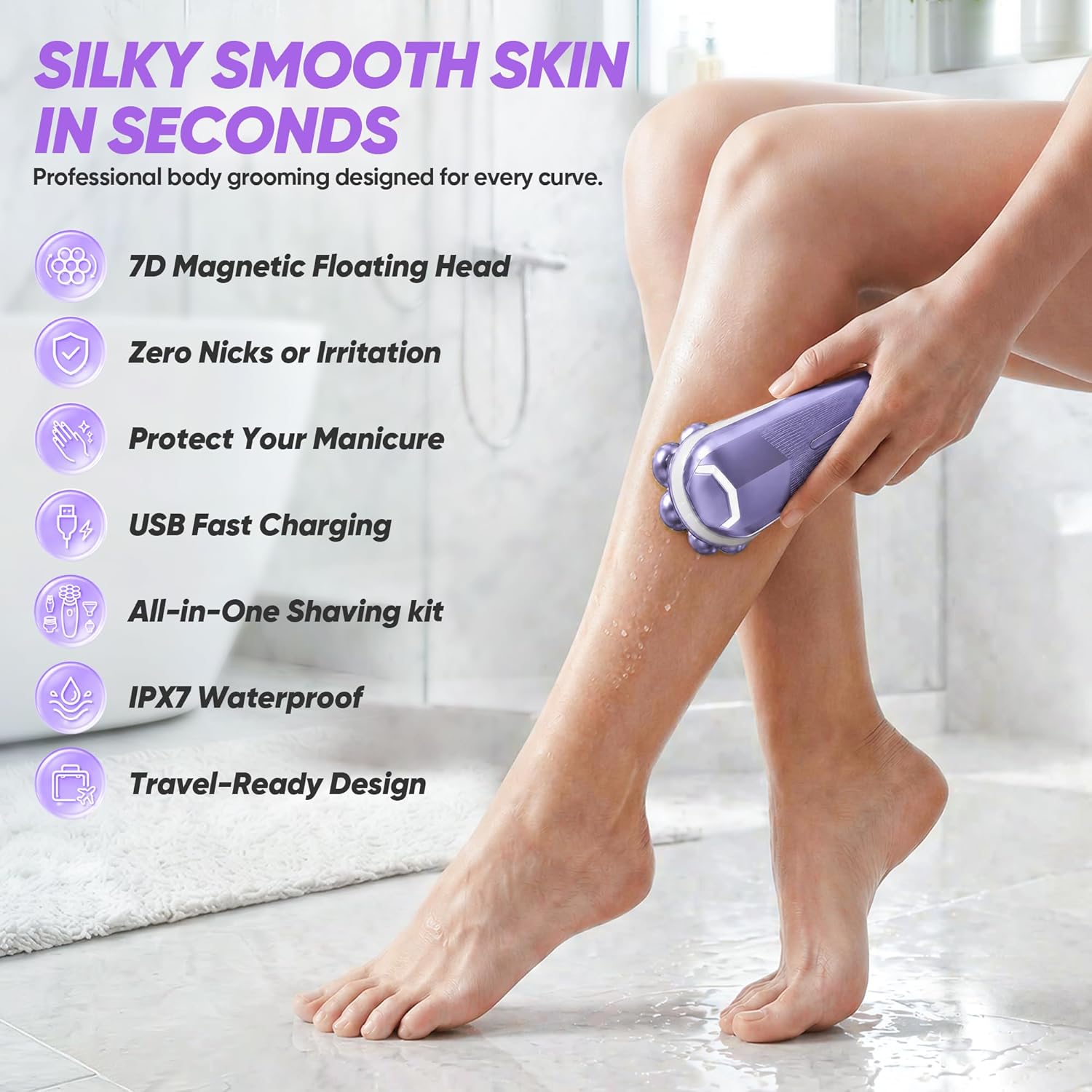 Detalle 2 de Electric Shaver for Women with 7D Magnetic Heads – All-in-One Wet & Dry Body Grooming Kit (Purple)
