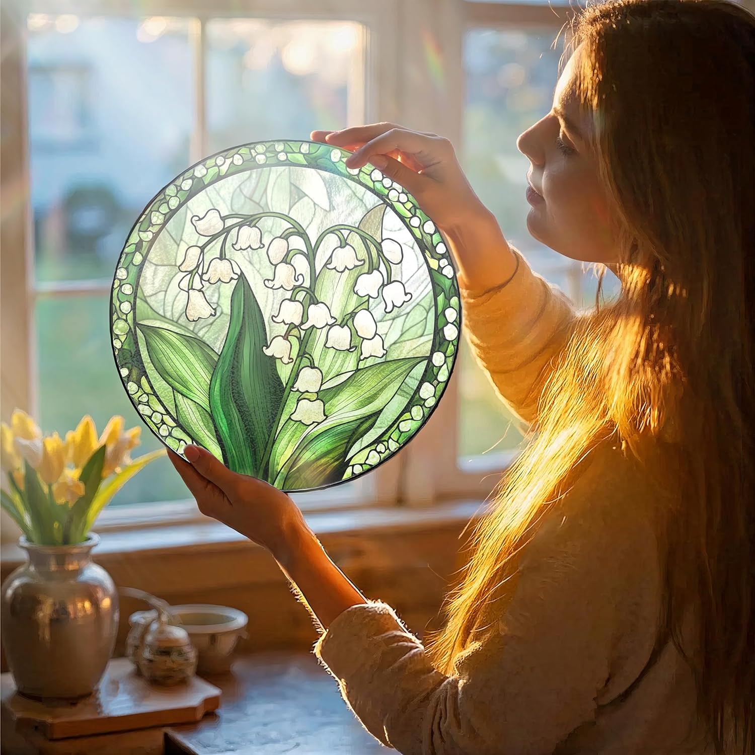 Detalle de Lily of the Valley Stained Glass Suncatcher, 7.8-Inch