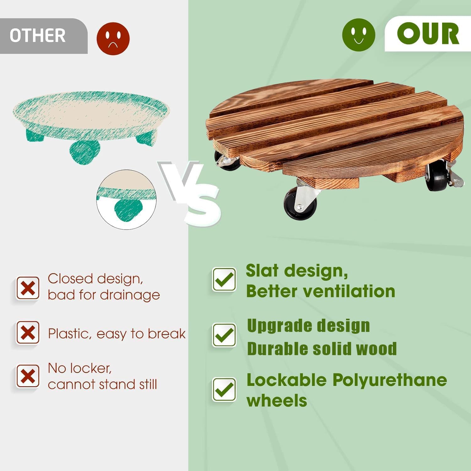 Thumbnail 3 de CHAMSUREUK 2 Pack 12 Inch Wood Plant Caddy with Lockable Wheels