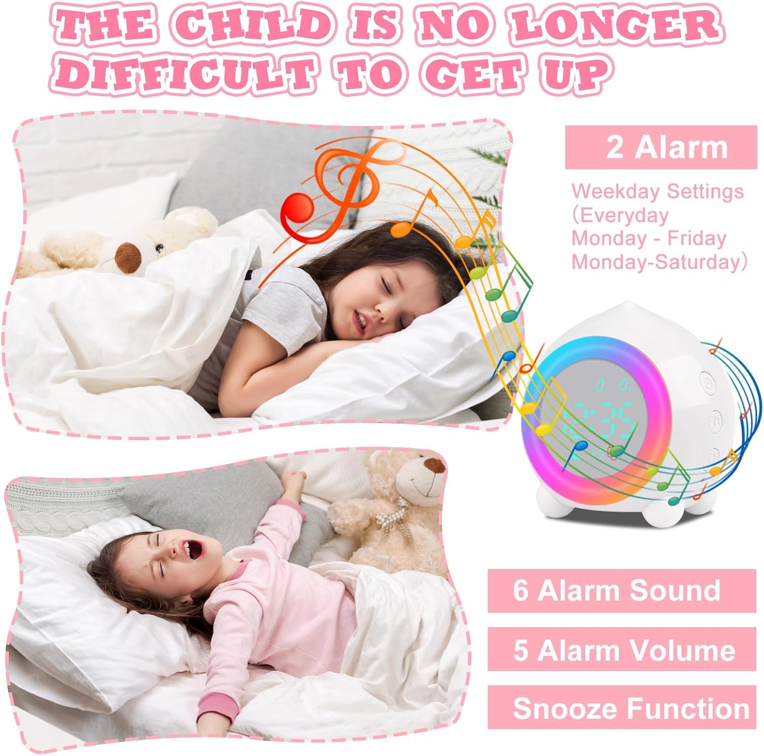 Thumbnail 2 de Ayybboo Réveil Lumineux pour Enfants — Horloge LED avec veilleuse, alarmes personnalisables et USB rechargeable