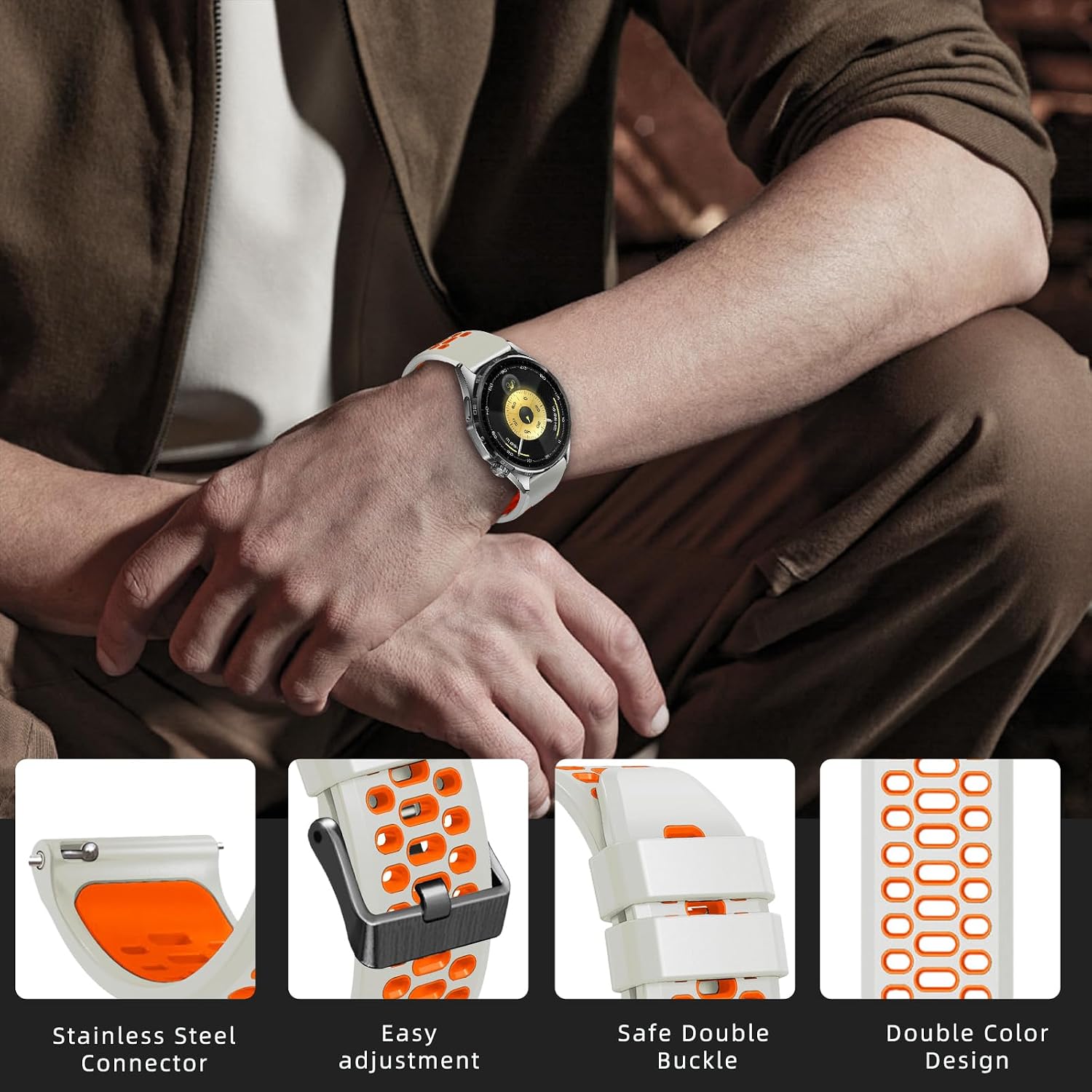Detalle de RosMank 22mm Silicone Watch Strap for Huawei Watch GT6 Pro/GT6/GT5 Pro/GT5/GT4/GT3 (46mm) – Two Colours