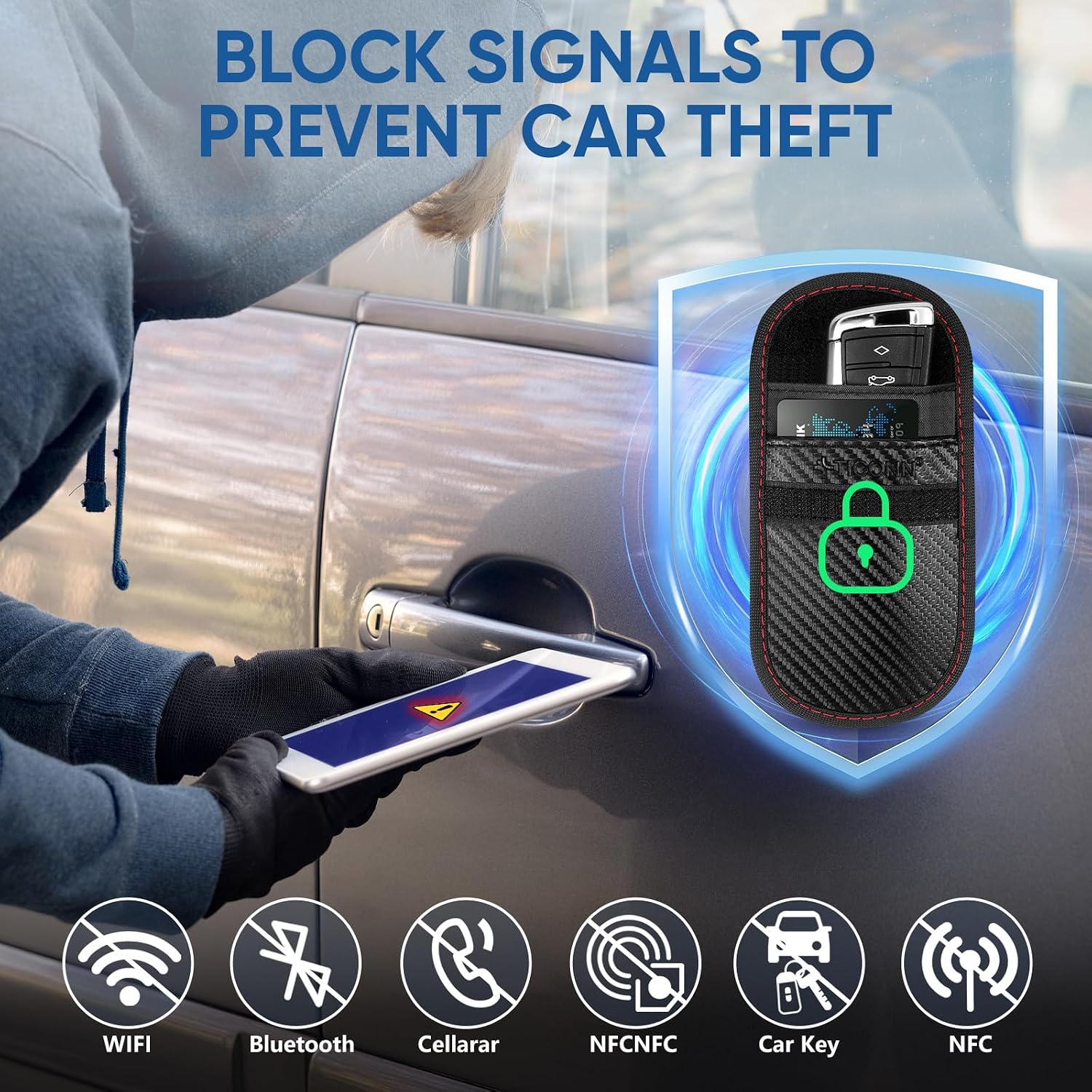 Thumbnail 2 de TICONN 2PK Faraday Bags for Car Keys Fob (3.25" x 4.75"), Dual-Layer Signal Blocker with Carbon Fiber Texture