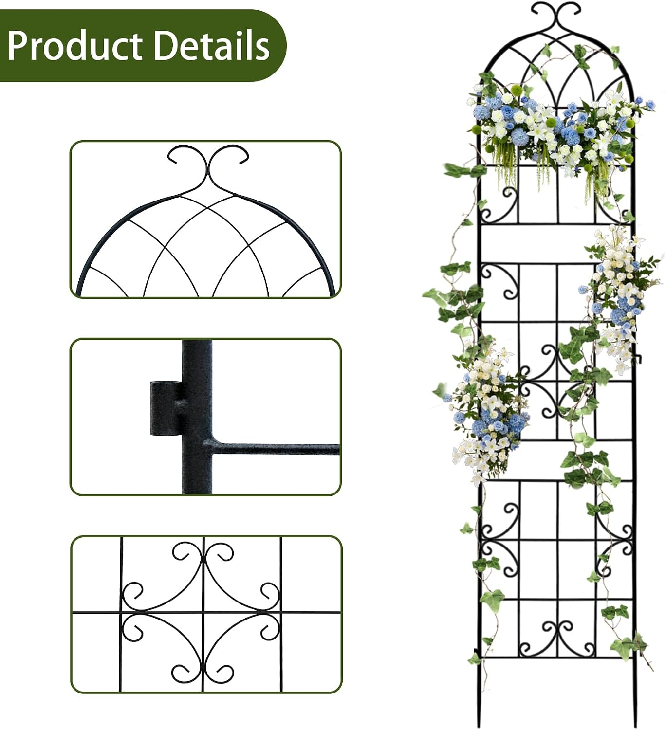 Detalle de Unho Traliccio per Rampicanti in Metallo: Set di 3, H220 cm, grigliati per rampicanti in ferro da giardino (Nero, incastro)