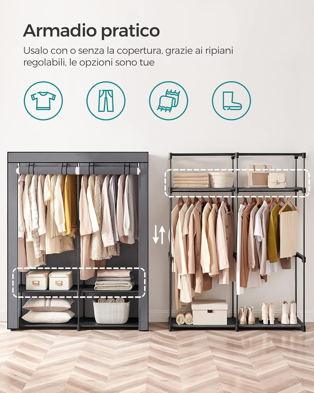 Detalle de SONGMICS Armadio Portatile in Tessuto con 2 Barre Appendiabiti – Grigio, 140 × 43 × 174 cm