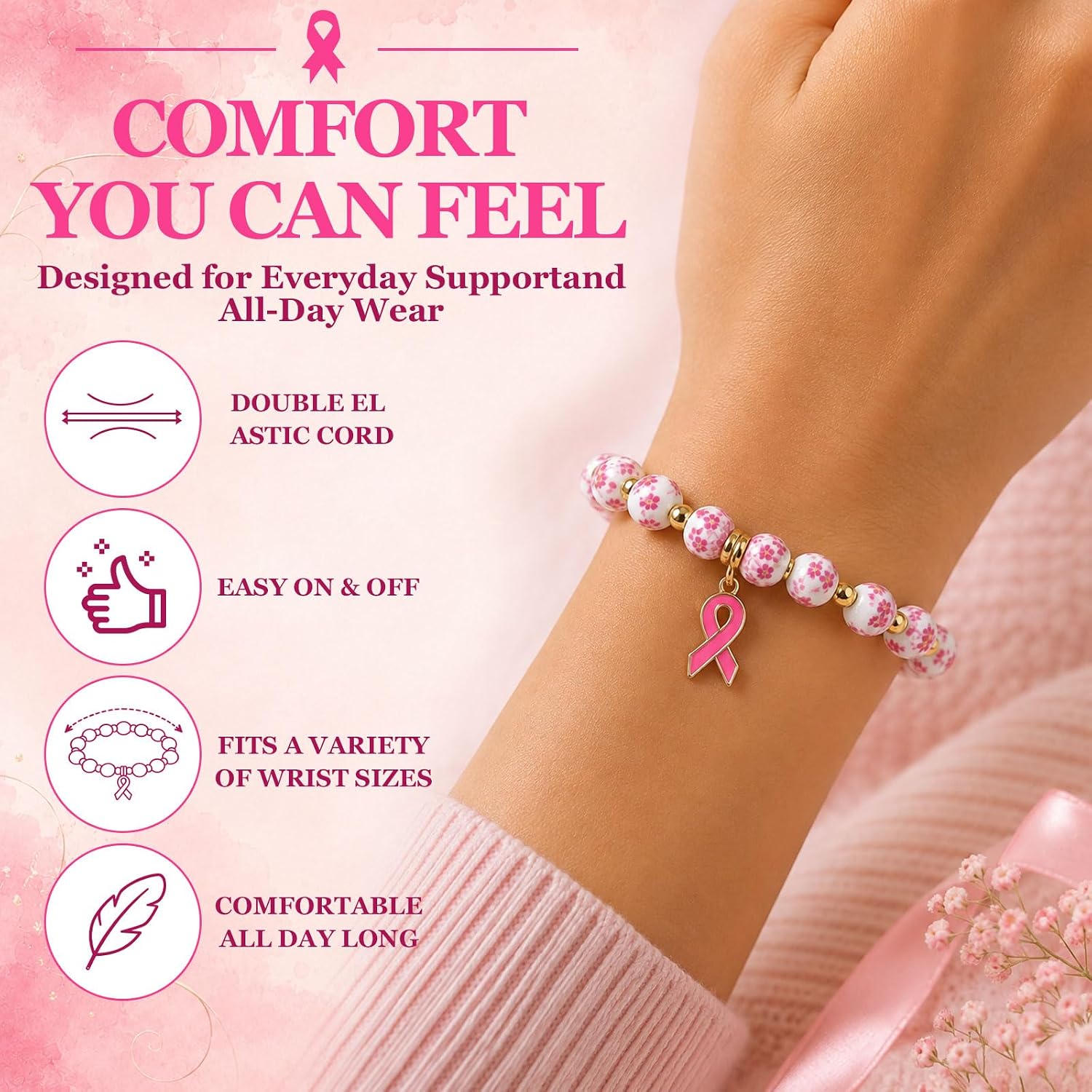 Thumbnail 6 de Breast Cancer Awareness Bracelet with Ceramic Beads
