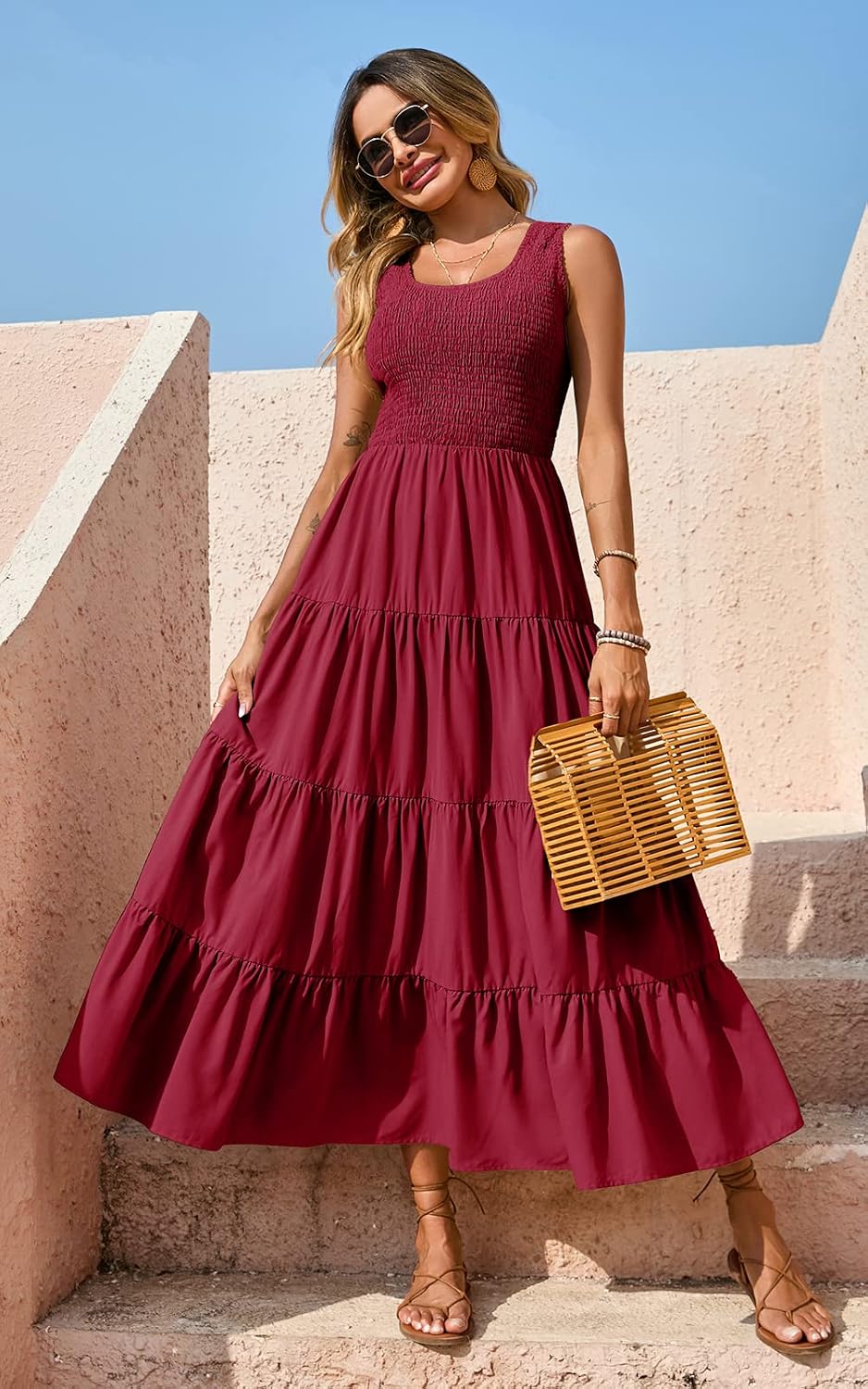Detalle de PRETTYGARDEN Women's 2026 Casual Maxi Sundress with Smocked Tank, Sleeveless, Tiered Long Dress