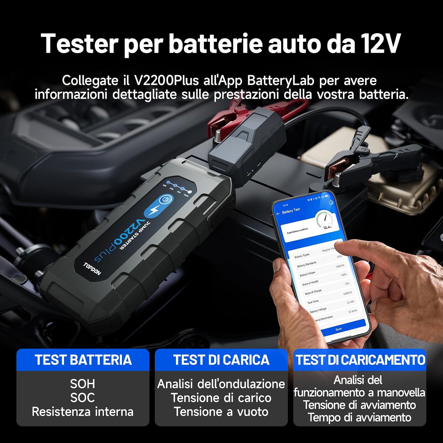 Thumbnail 2 de TOPDON V2200Plus 2-in-1 Booster Avviamento Auto & Tester: Avviatore 2200A, Power Bank 16000 mAh e Torcia LED