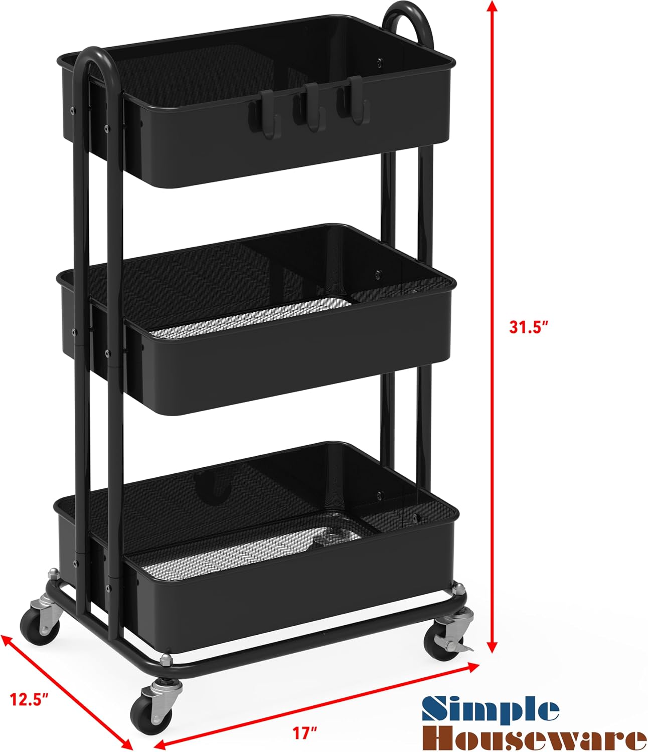 Detalle de Simple Houseware CB-10C-1 3-Tier Metal Utility Rolling Cart, Black