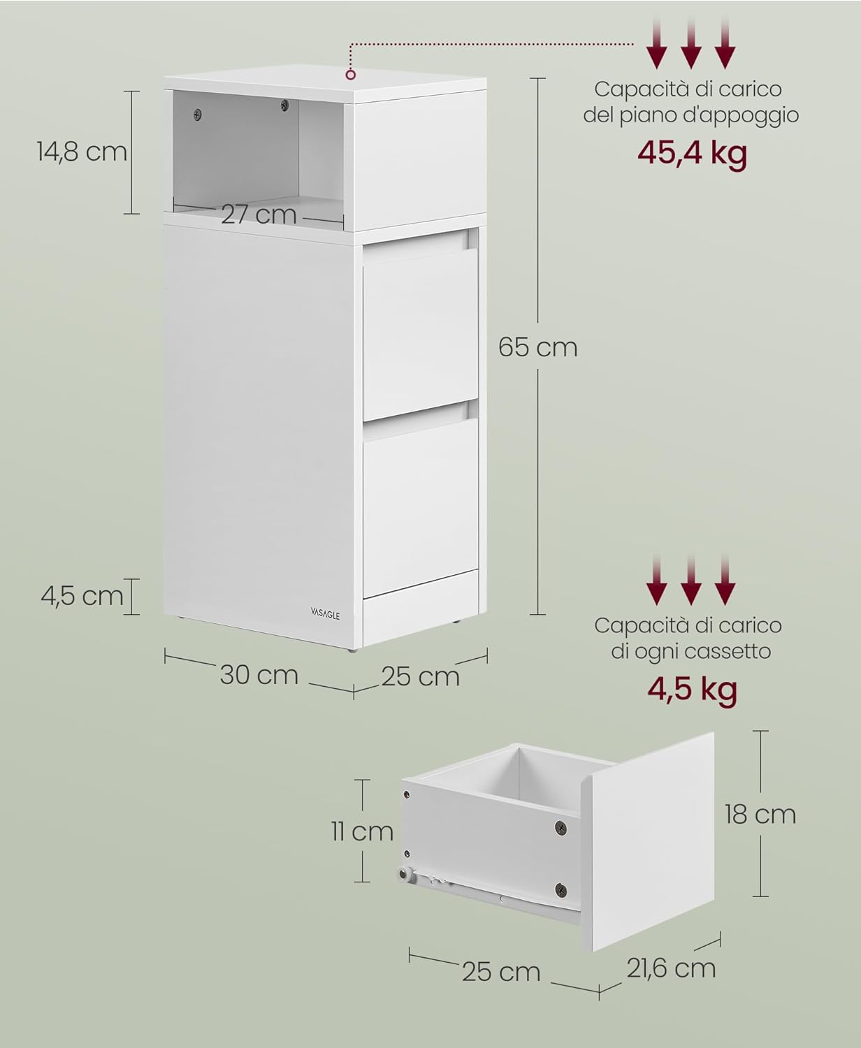 Detalle de VASAGLE KAILYN LET656W01 comodino stretto moderno con 2 cassetti e scomparto