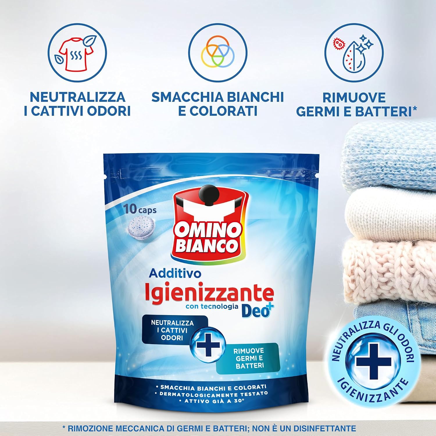 Detalle de Omino Bianco Additivo Igienizzante Idrocaps Deo+: capsule igienizzanti per bucato, 10 capsule x 4 confezioni