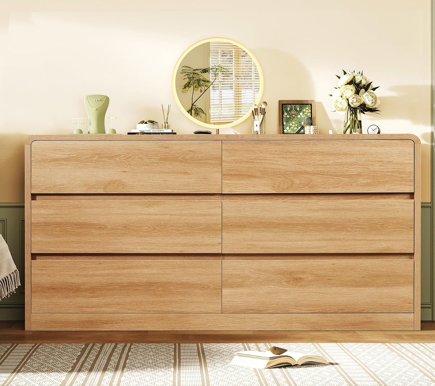 Detalle 2 de TEENFON dressers 55-Inch 6-Drawer Dresser, Natural Finish with Curved Profile