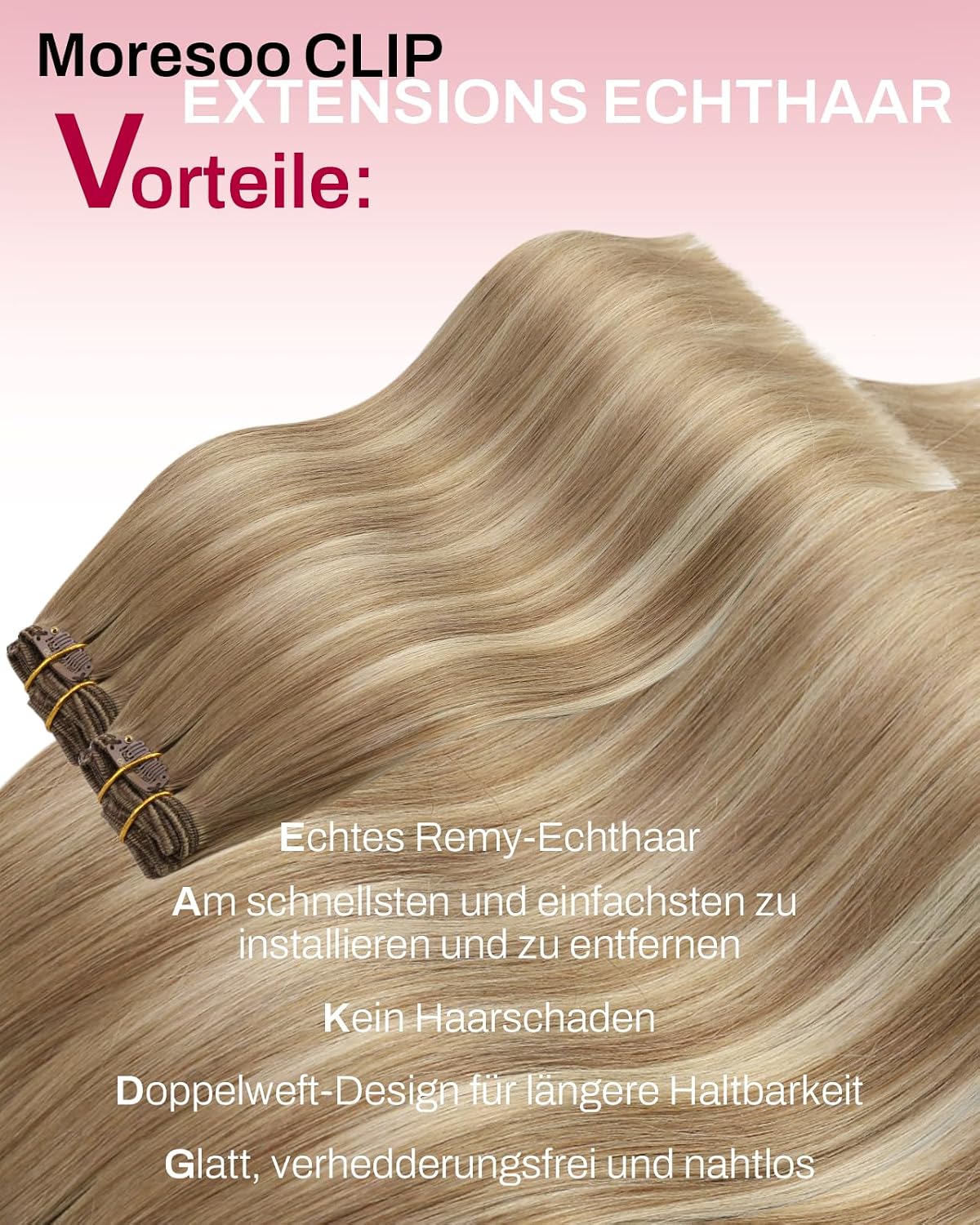 Detalle de Moresoo Clip-in Echthaar Extensions: Wurzelbraun zu Hellbraun mit Platinblond, 50 cm – 5 Stück, 80 g