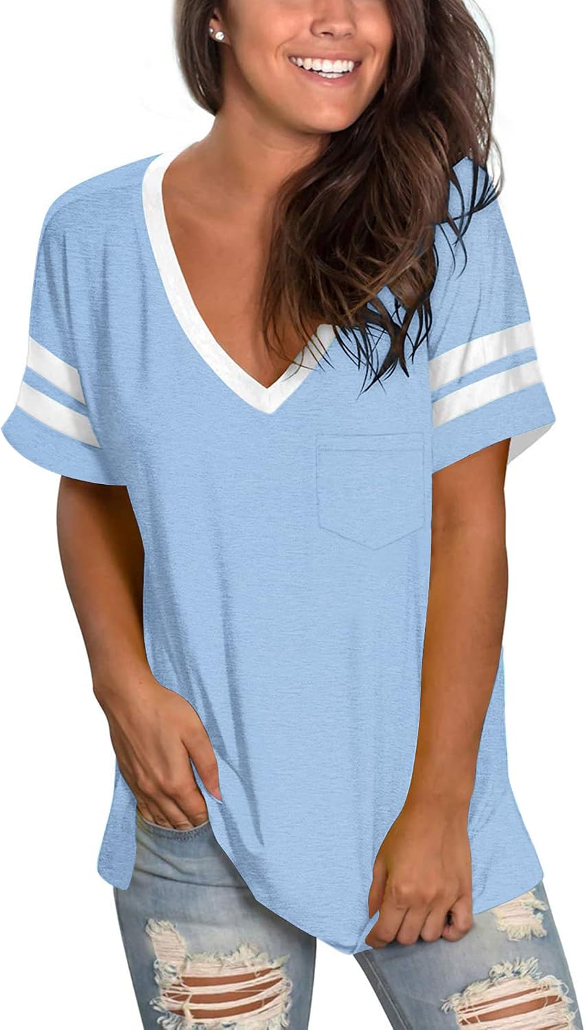 Detalle de MOLERANI Womens Short Sleeve V-Neck Loose Summer Tee with Pocket