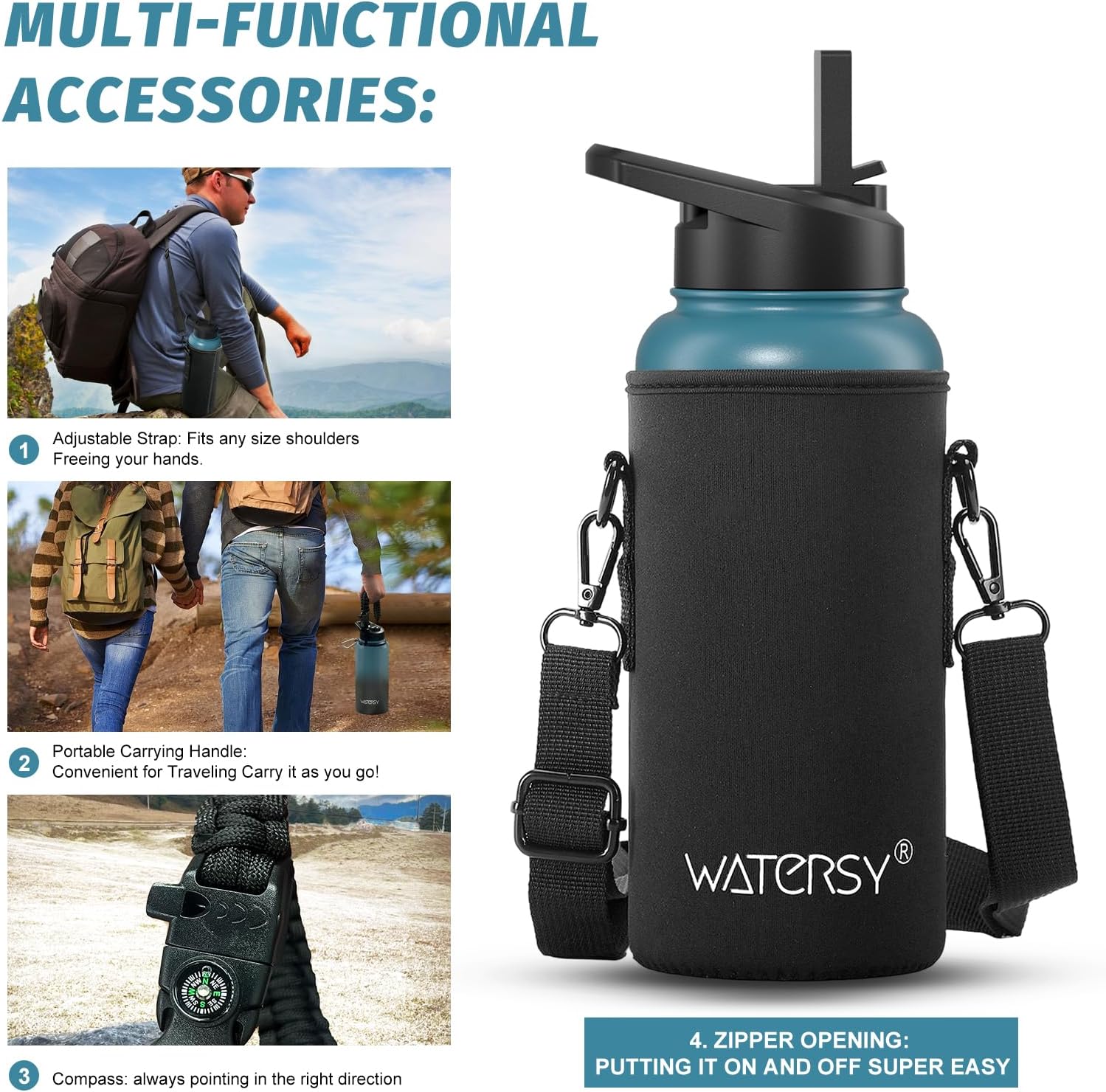 Thumbnail 5 de WATERSY 64oz Insulated Water Bottle (Cold 48 Hours) — BPA-Free, Leak-Proof Half-Gallon Flask with Straw Lids