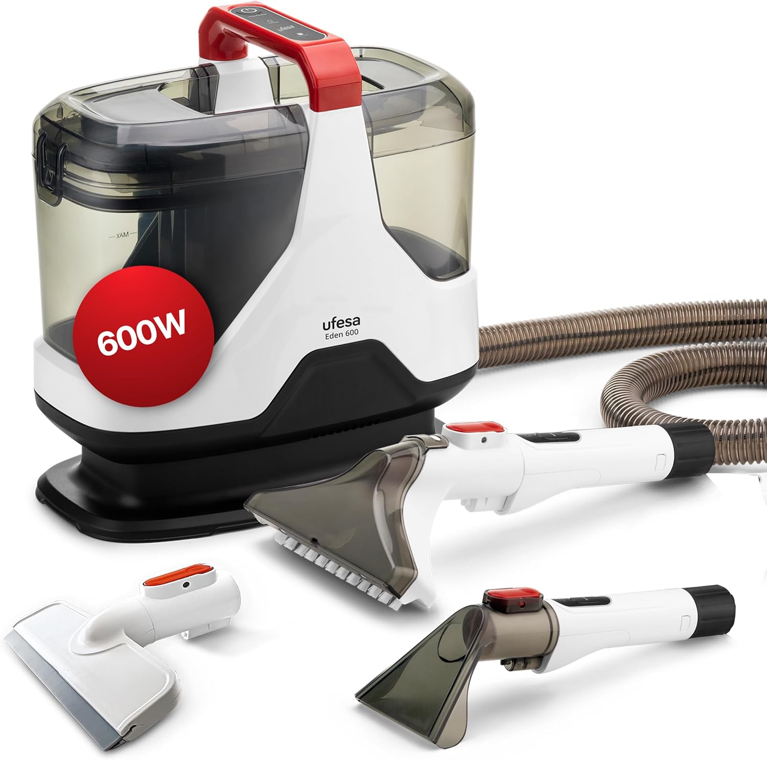 Detalle de Ufesa Eden 600: limpiador de tapicerías con agua 600W, doble depósito y succión para líquidos y sólidos