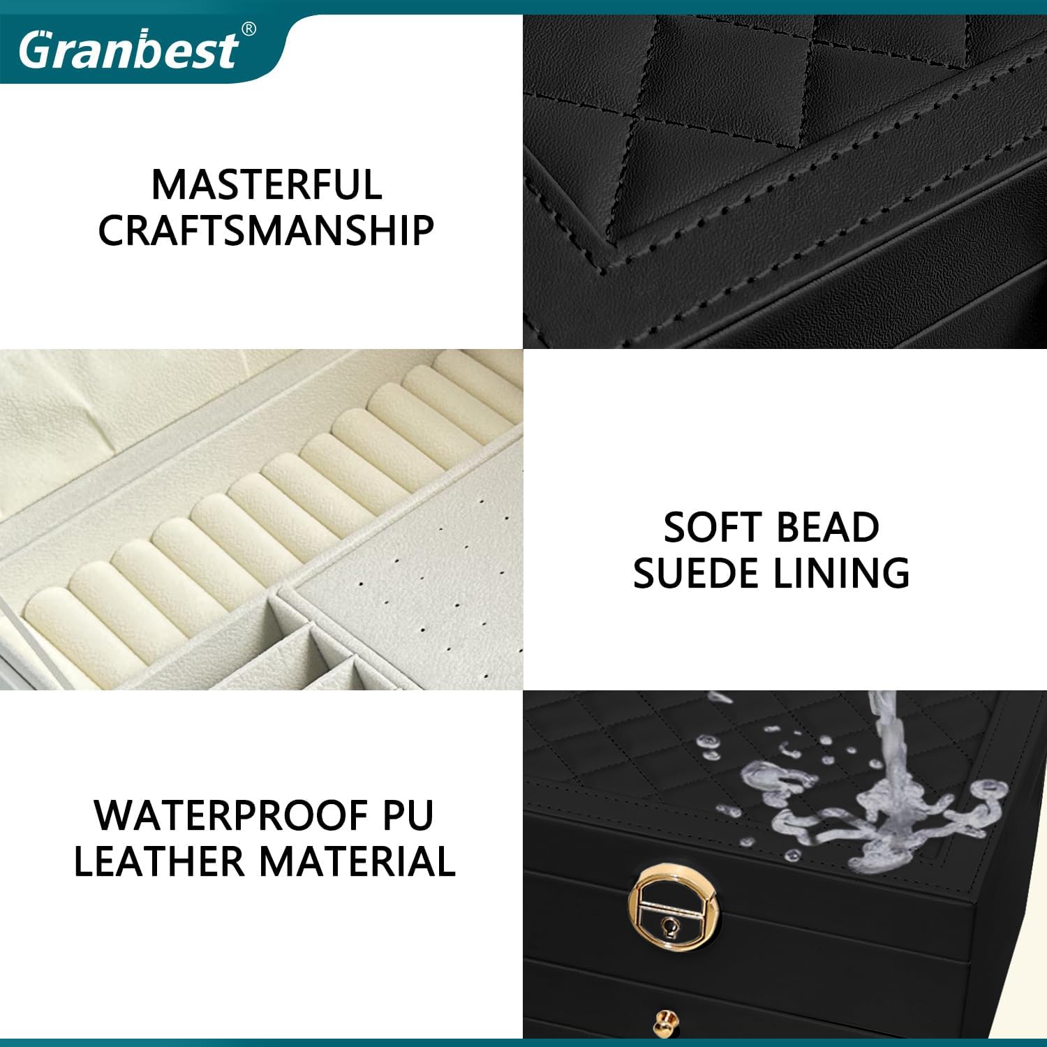 Thumbnail 3 de Granbest 3 Layers Jewellery Box with 2 Drawers (Black) – Elegant Leather Jewellery Storage Case