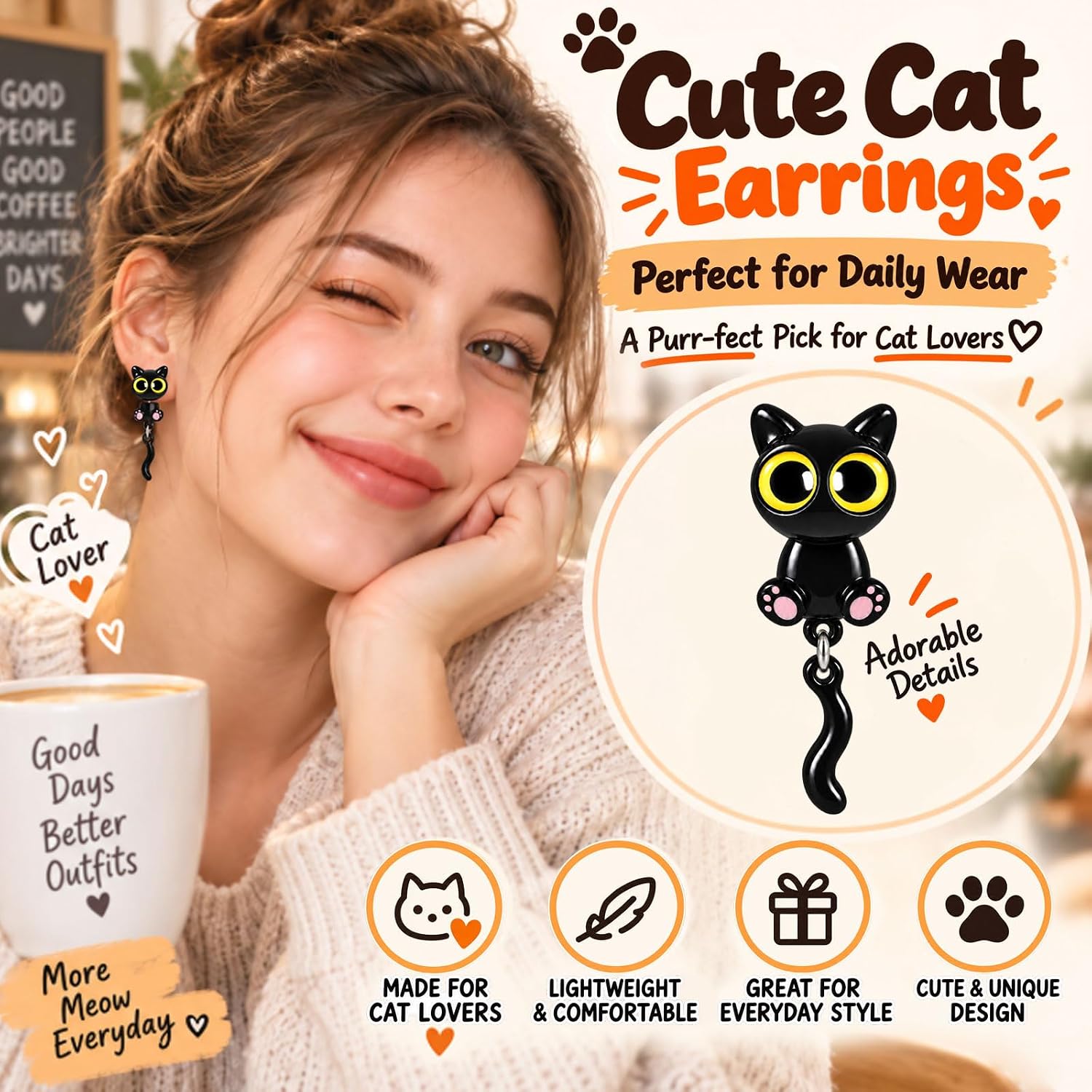 Detalle de Black Cat Stud Earrings, Silver-Plated Copper Posts