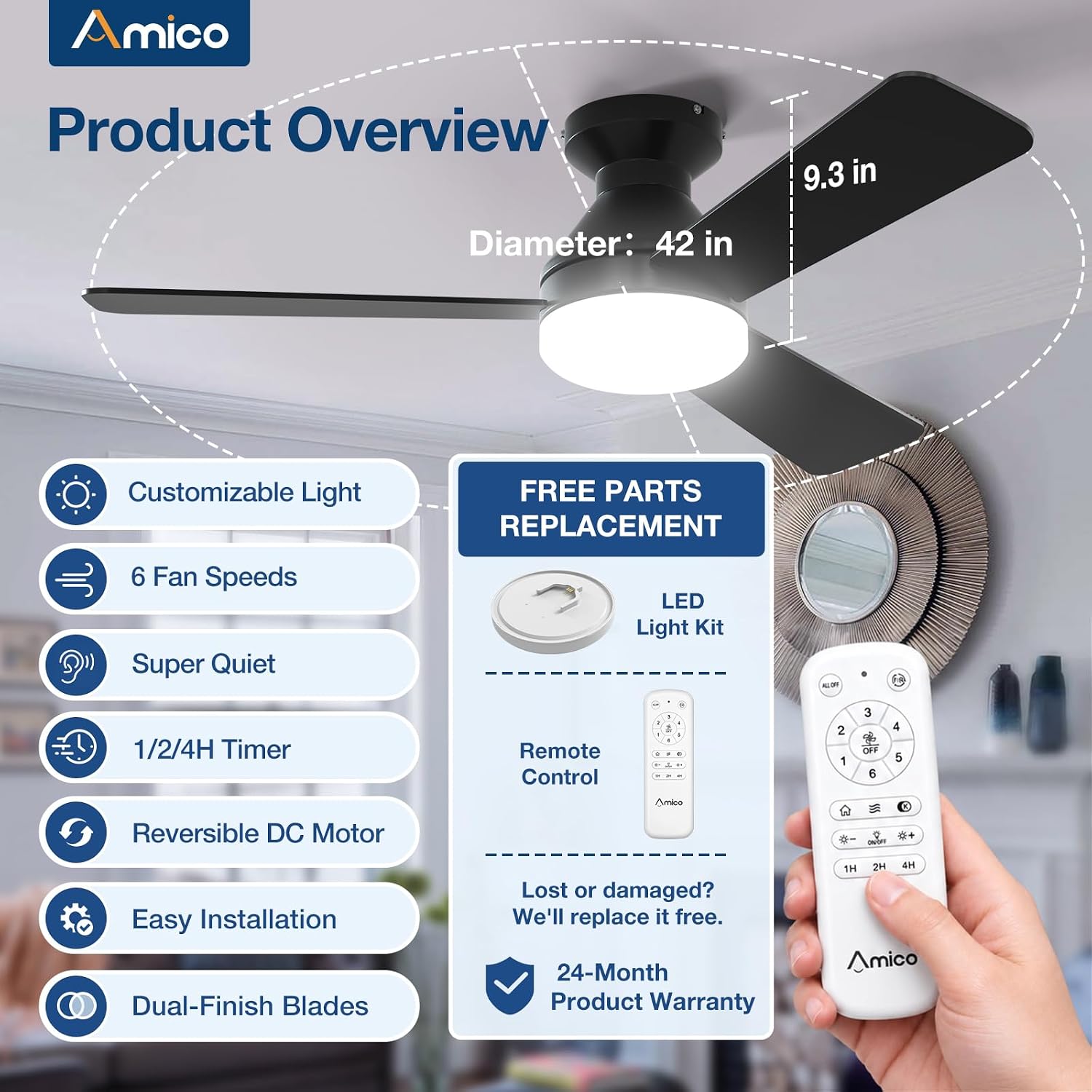 Detalle de Amico KFM30PLY01R1 30-Inch Ceiling Fan with Light, Remote and Reversible DC Motor