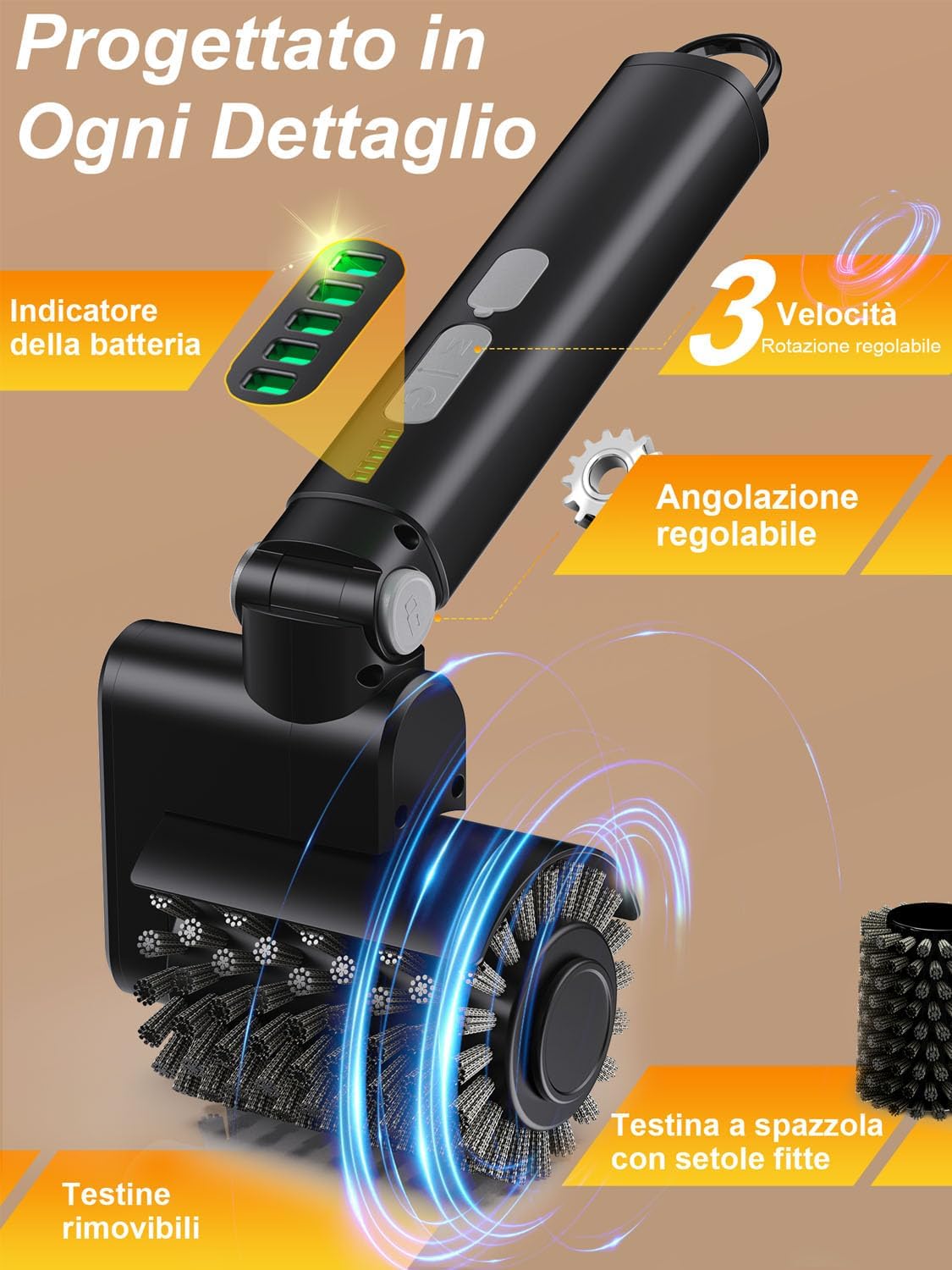 Detalle de Spazzola Elettrica per Grill con 3 Velocità, Ricaricabile e Senza Fili – 2 Testine e Tampone Abrasivo