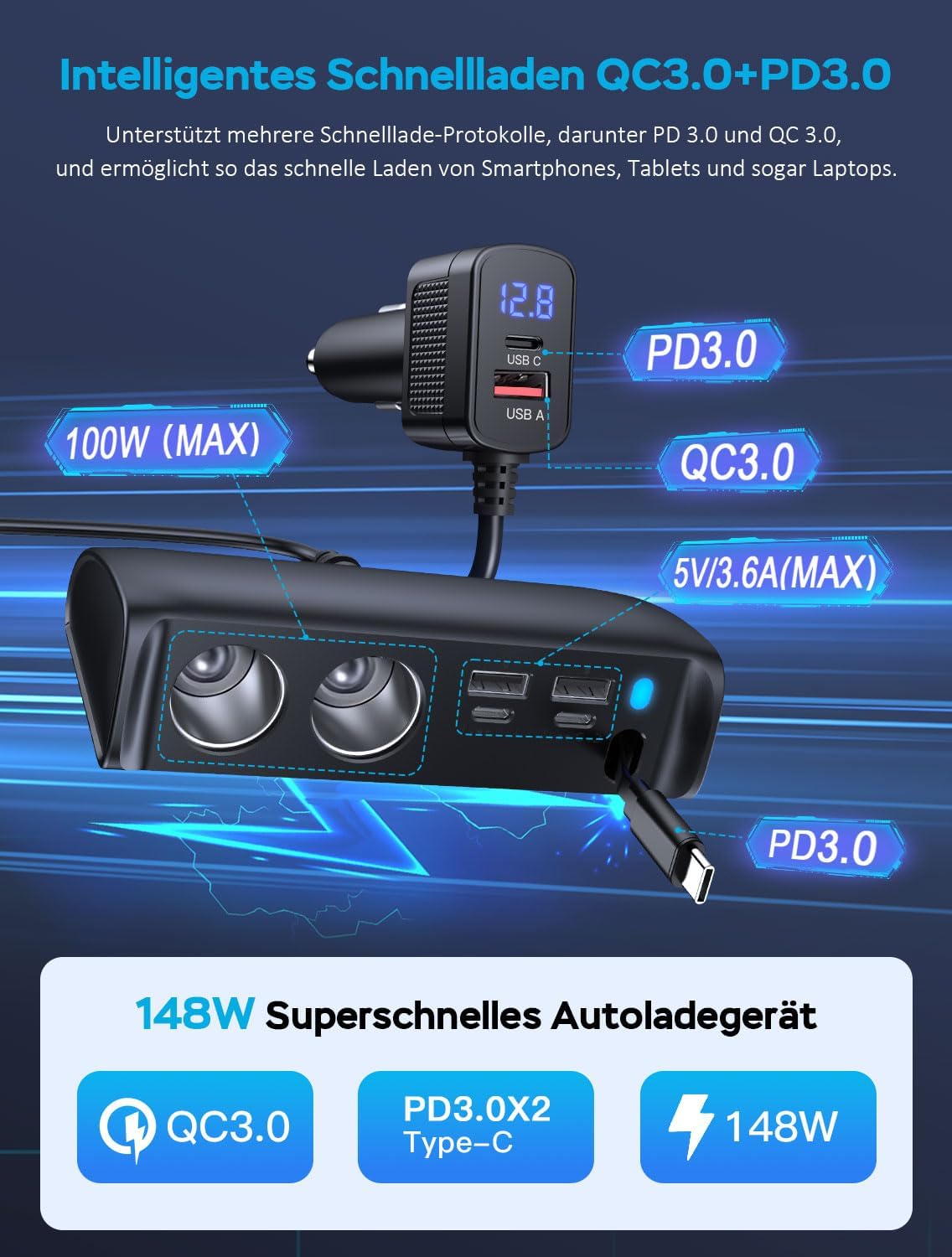 Thumbnail 2 de OOWOLF Retractable 9-in-1 Car Charger Adapter 148W