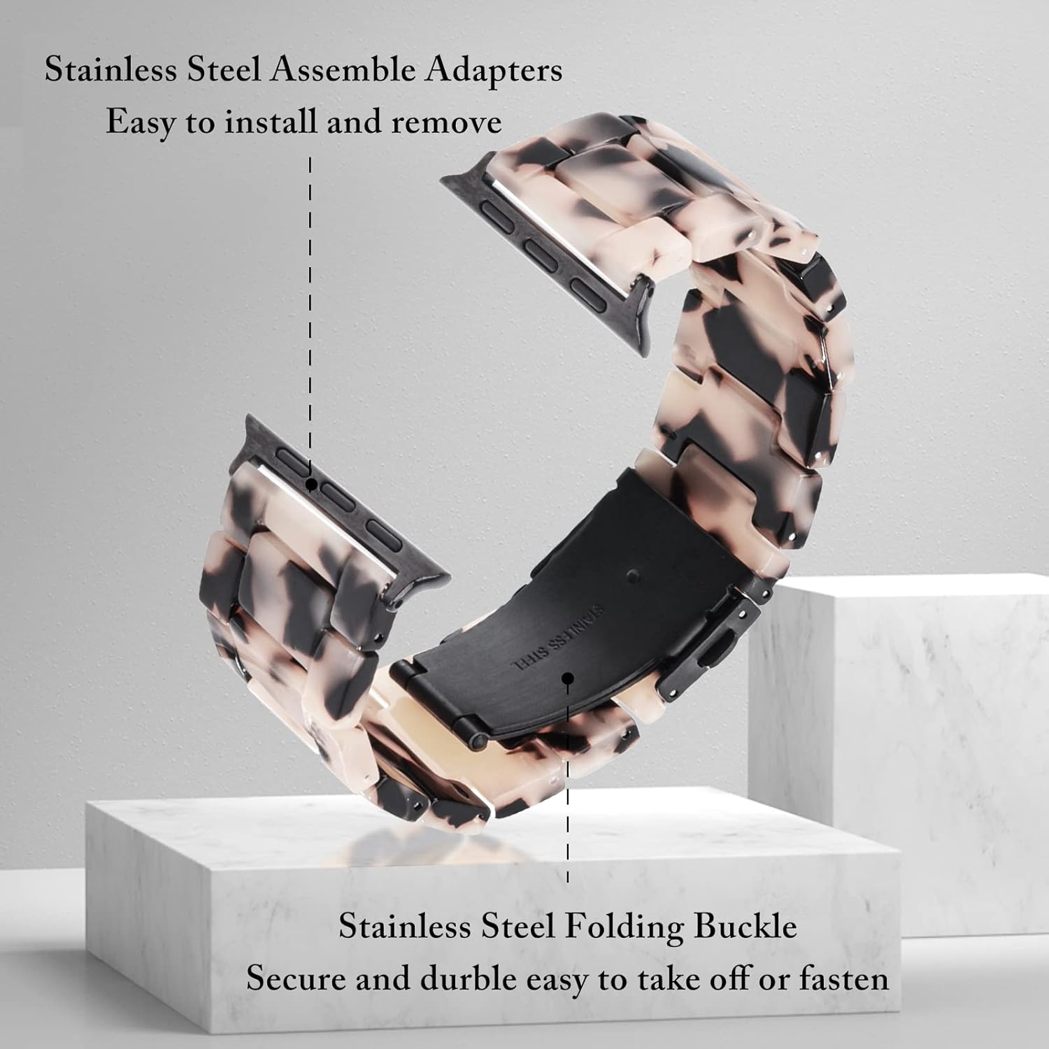 Thumbnail 3 de V.R.HOPE Modern Resin Straps for Apple Watch (44–49mm, 42–46mm) – Tortois e Shell with Black Flower