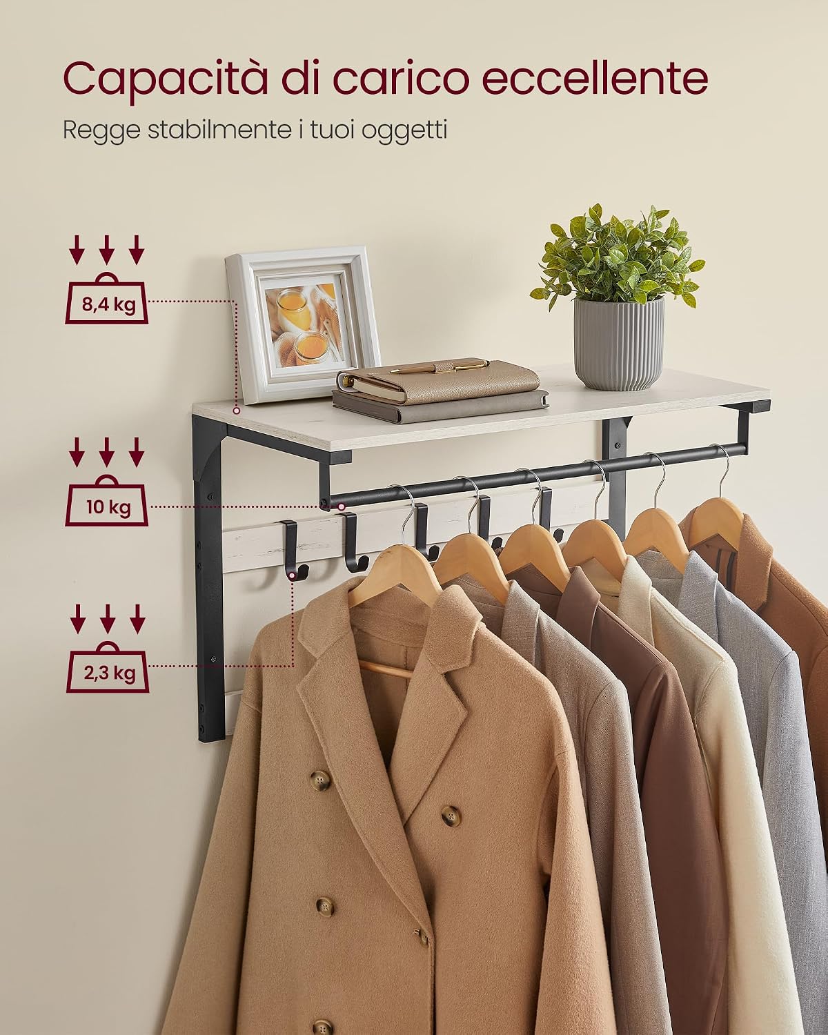 Detalle de VASAGLE Appendiabiti da parete con mensola e 10 ganci rimovibili LCR101W03 (bianco vintage e nero)