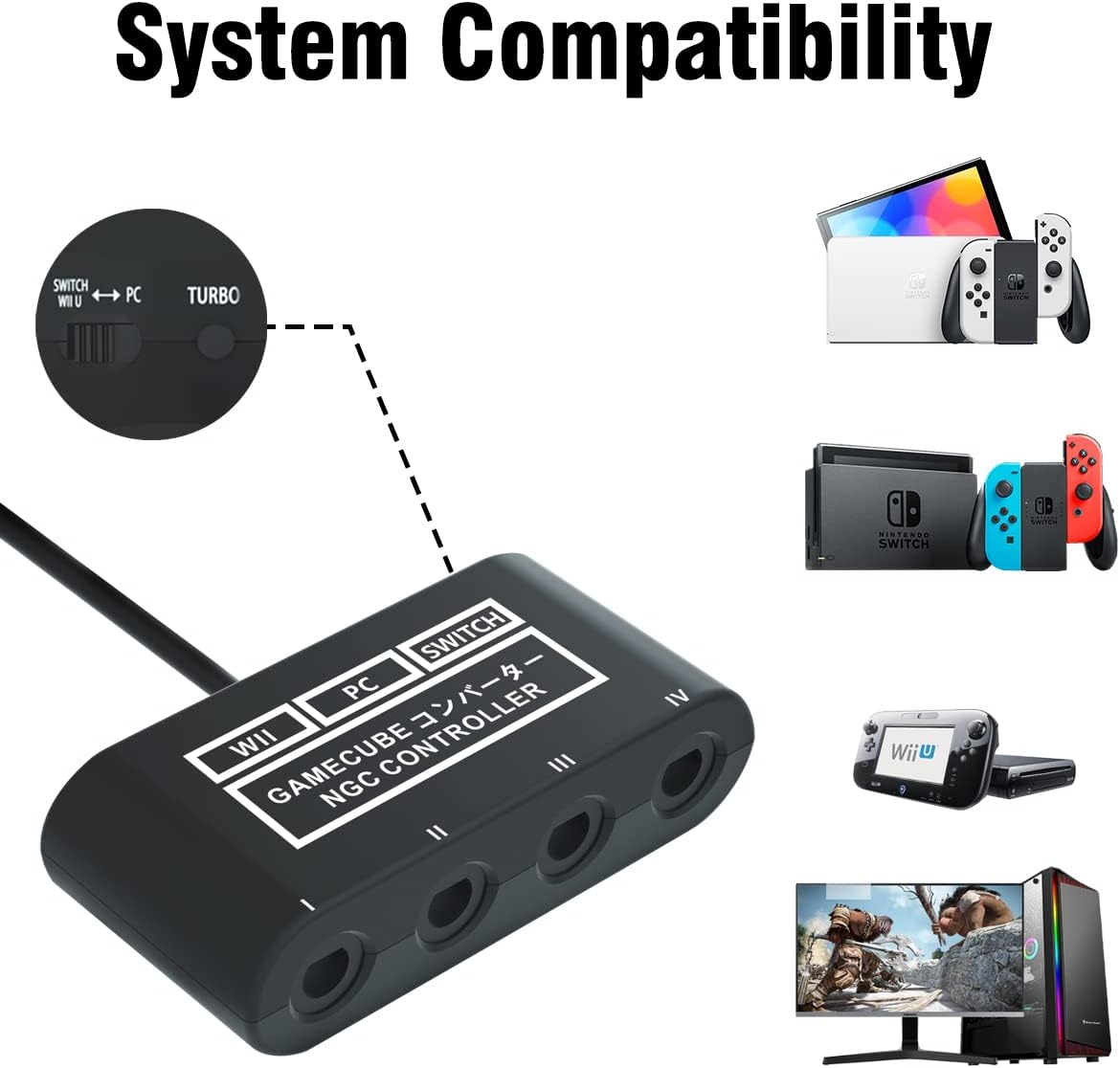 Detalle de Gamecube Controller Adapter for Switch / OLED / Switch 2 (4 Ports) – 6 ft Cable, Turbo & Vibration