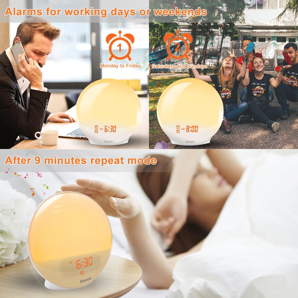 Detalle de Bawoo wekkerlamp met dageraadsimulatie, FM-radio en dubbele alarmen