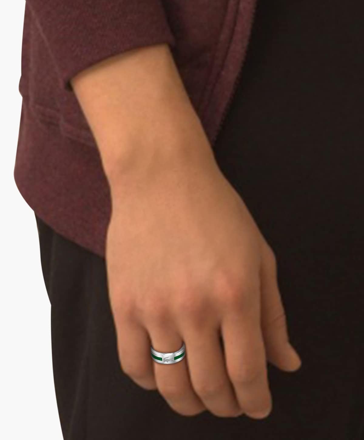 Thumbnail 1 de Lacoste Baseline Herrenring aus Edelstahl – silber oder schwarz, mit Lacoste-Krokodil und grüner Emaillierung (Größe 64)