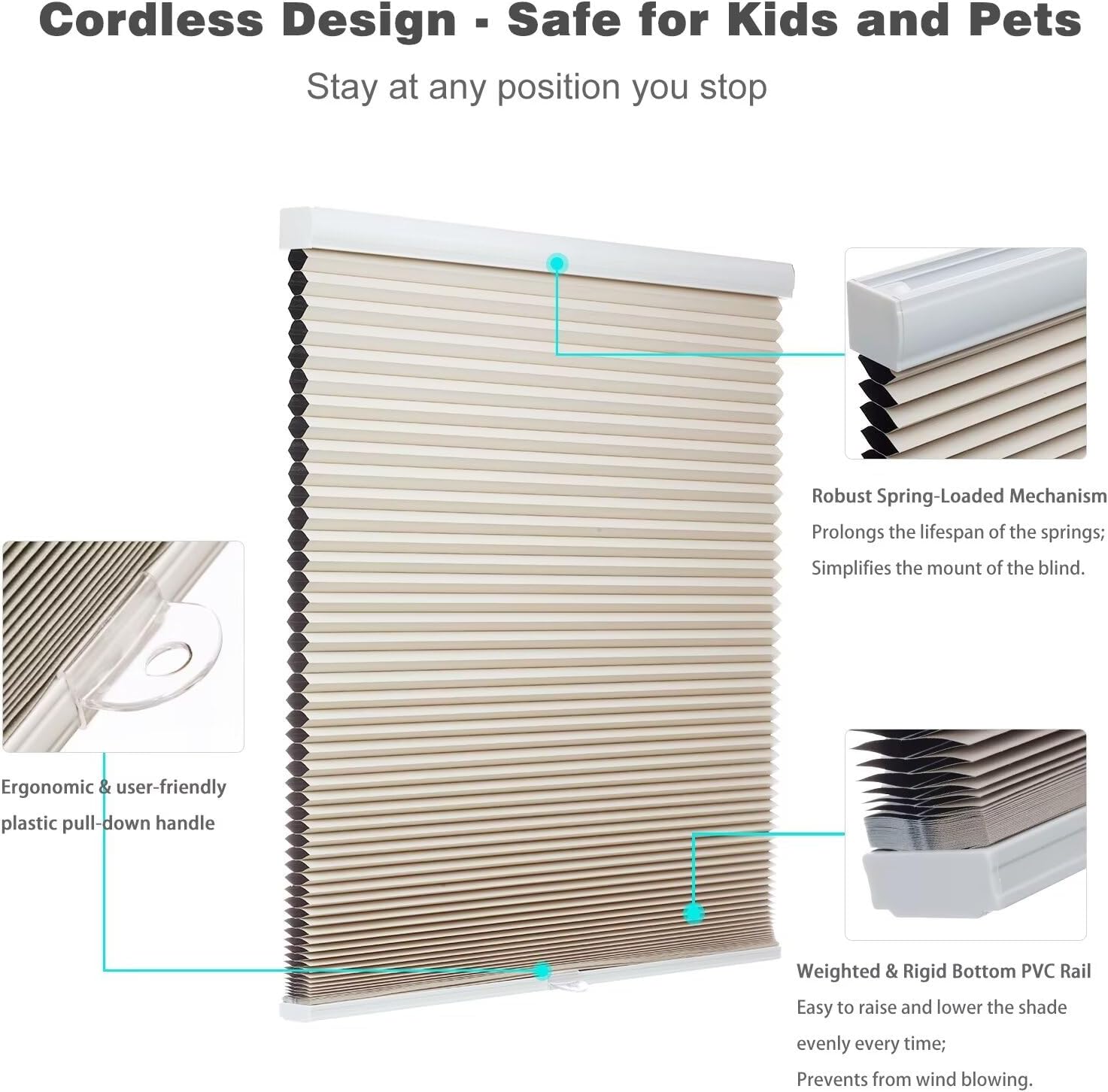 Detalle 2 de MYshade Cordless Blackout Cellular Window Shade, 46" W x 64" H, Beige