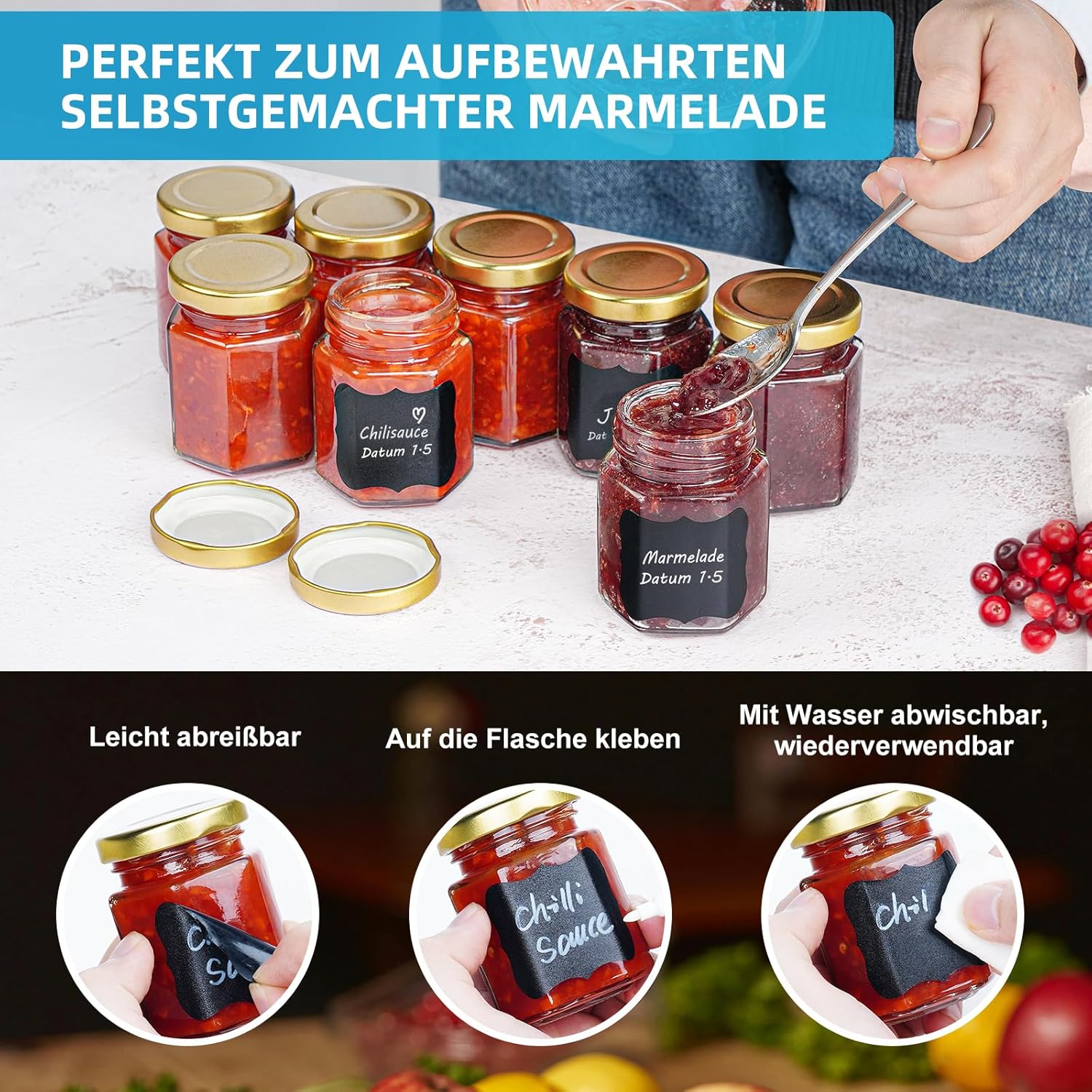 Thumbnail 1 de Absovetu Kleine Gläser mit Metalldeckel und Etiketten – 100 ml, hexagonal, wiederverwendbar