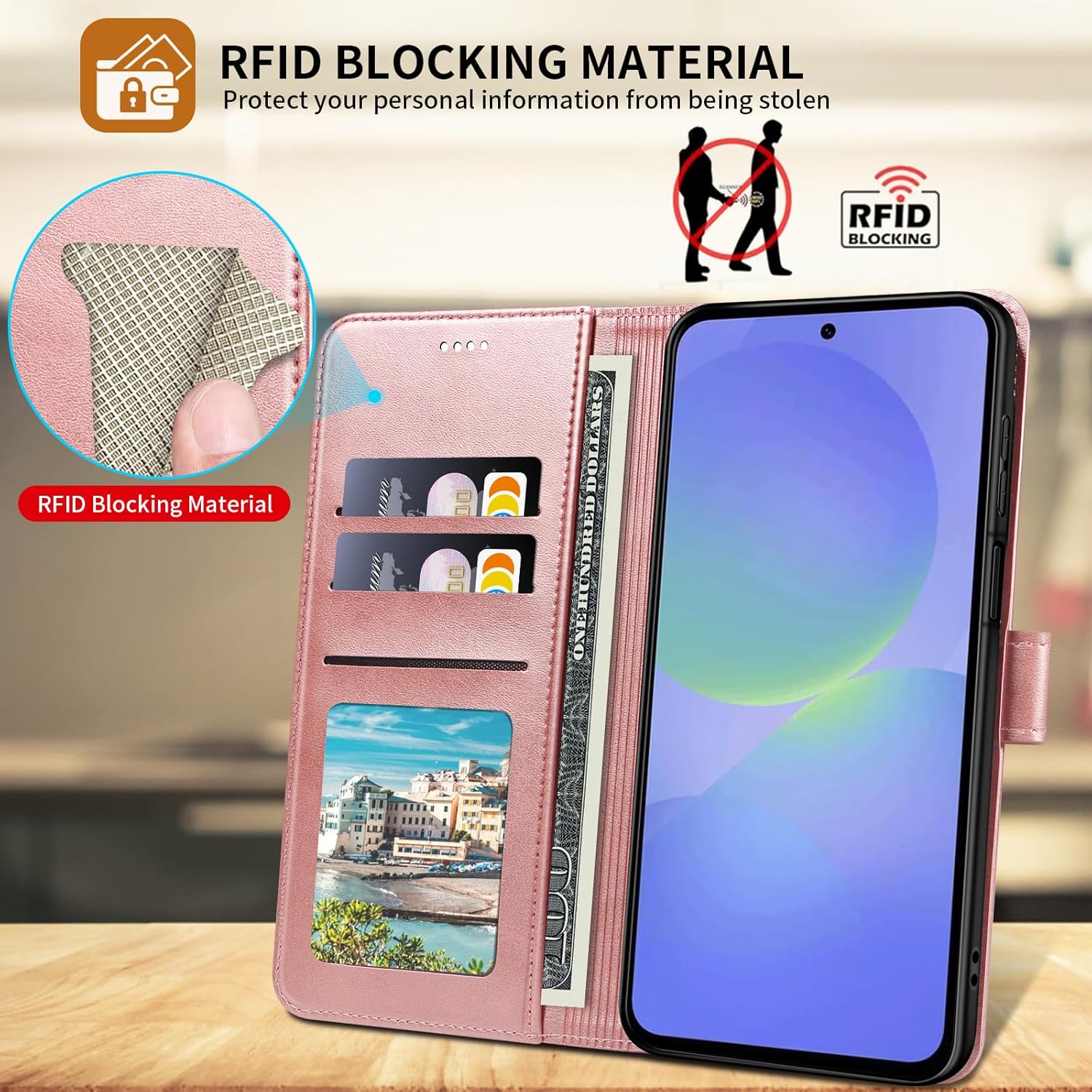 Thumbnail 2 de WAURZ Cover a libro in pelle per Samsung Galaxy A36 5G (rosa) con protezione schermo e porta carte