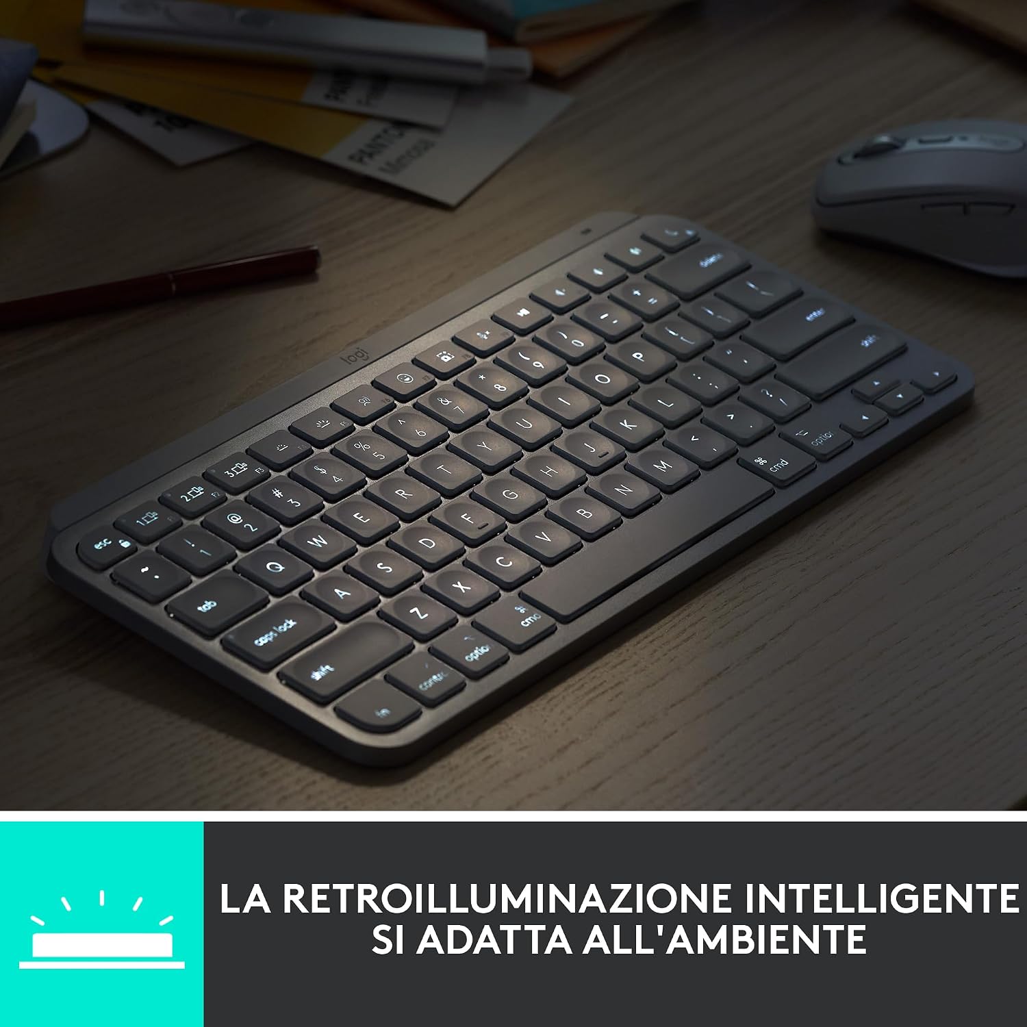Detalle de Logitech MX Keys Mini Tastiera Illuminata Wireless – Rosa, USB-C, Multi‑dispositivo, ITA QWERTY