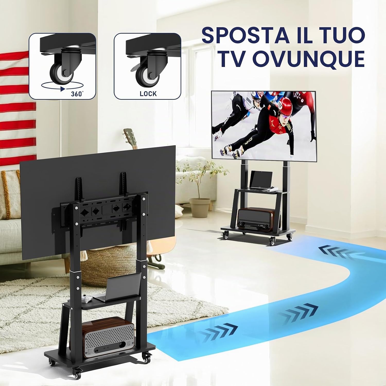 Detalle de Duiliuu Porta TV da Terra con Ruote: supporto mobile 32–75 pollici, robusto e regolabile